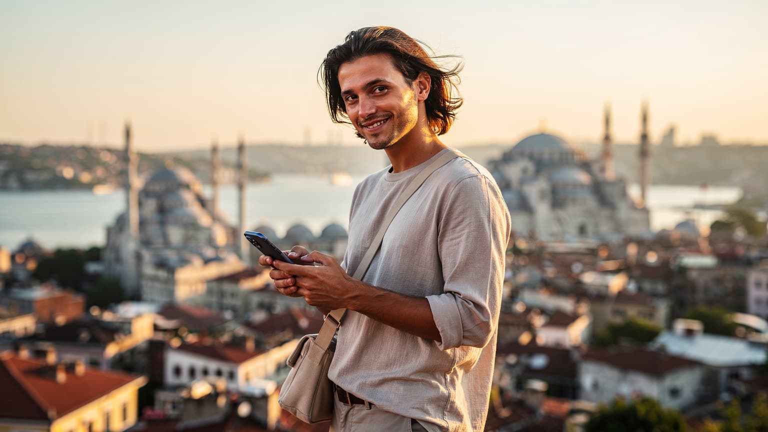 A traveler uses a smartphone on a scenic overlook in Istanbul during golden hour, with iconic landmarks blurred in the background, symbolizing affordable and effortless global connectivity with an eSIM.