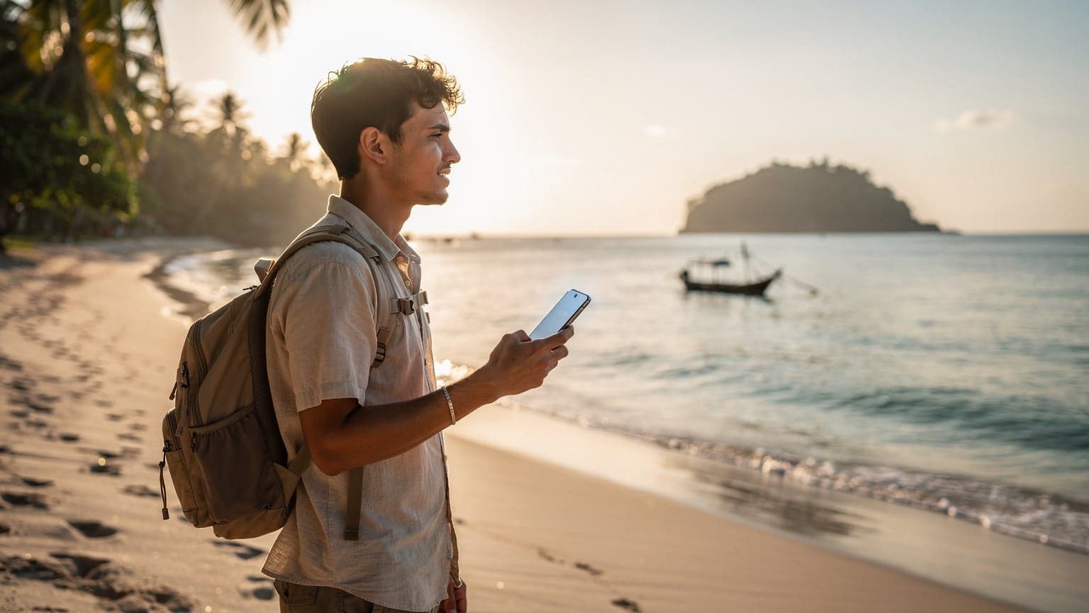A traveler holding a smartphone on a beautiful Indonesian beach, symbolizing modern connectivity for travel.