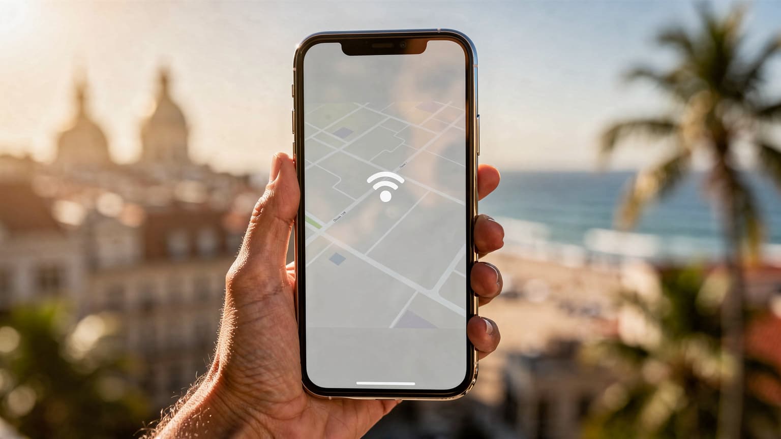 A photorealistic editorial hero image featuring a modern iPhone held in a hand, set against a beautifully blurred backdrop of an iconic international travel destination, symbolizing effortless global connectivity for travelers.