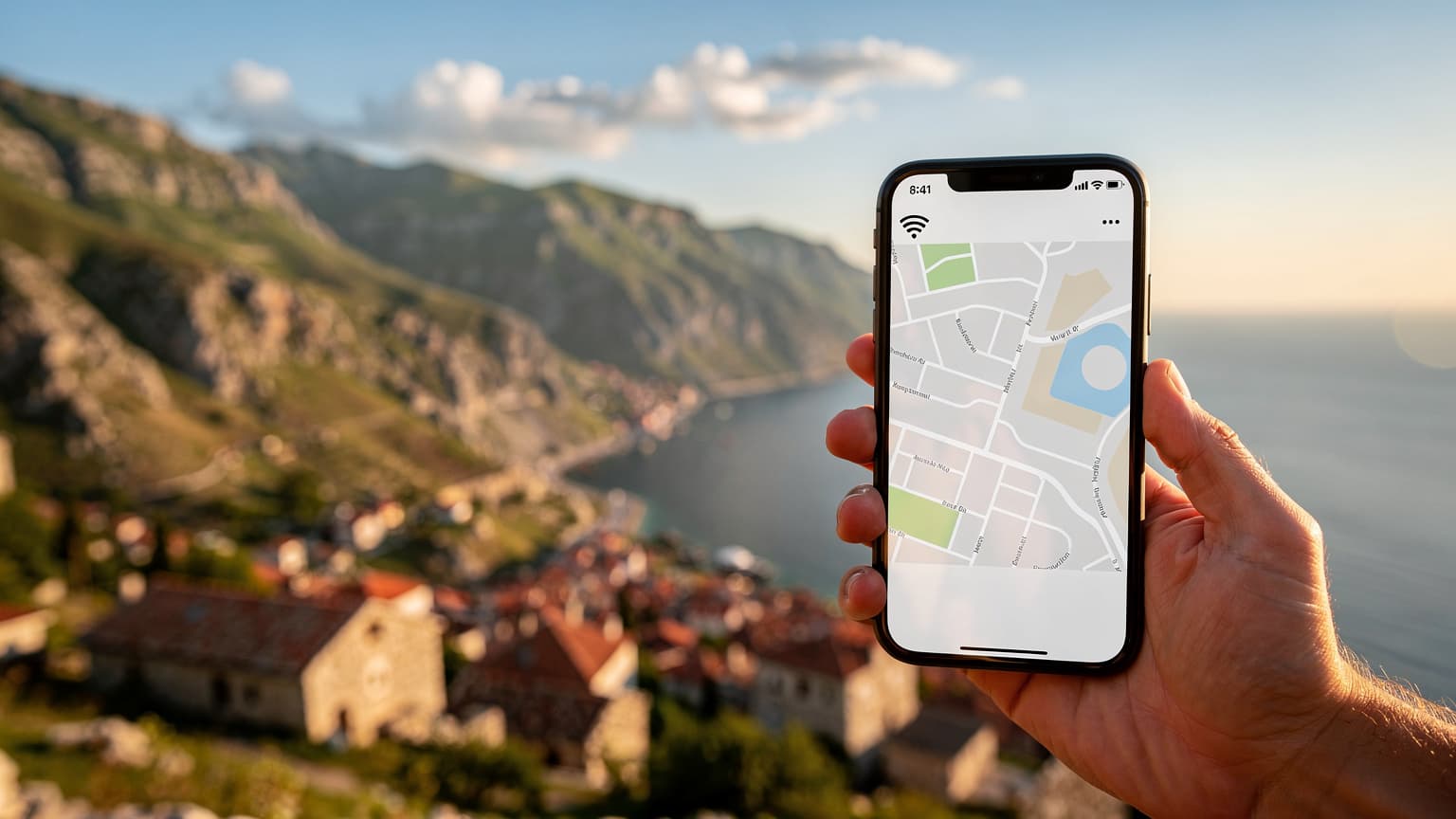 A photorealistic hero image for a travel and tech magazine. A hand holds a smartphone displaying a strong network signal against a backdrop of beautiful, sunlit Balkan mountains and a clear sky, symbolizing connectivity during travel.