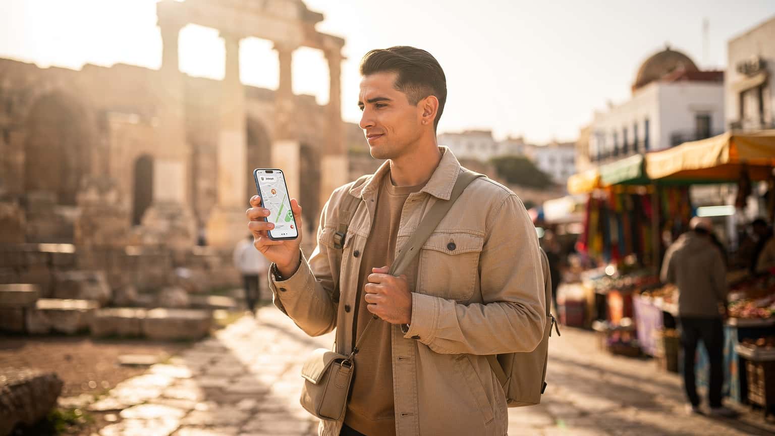 A modern traveler holding a smartphone with a map interface visible on its screen, set against a blurred yet scenic Algerian backdrop. The image conveys seamless travel and effortless data connectivity.