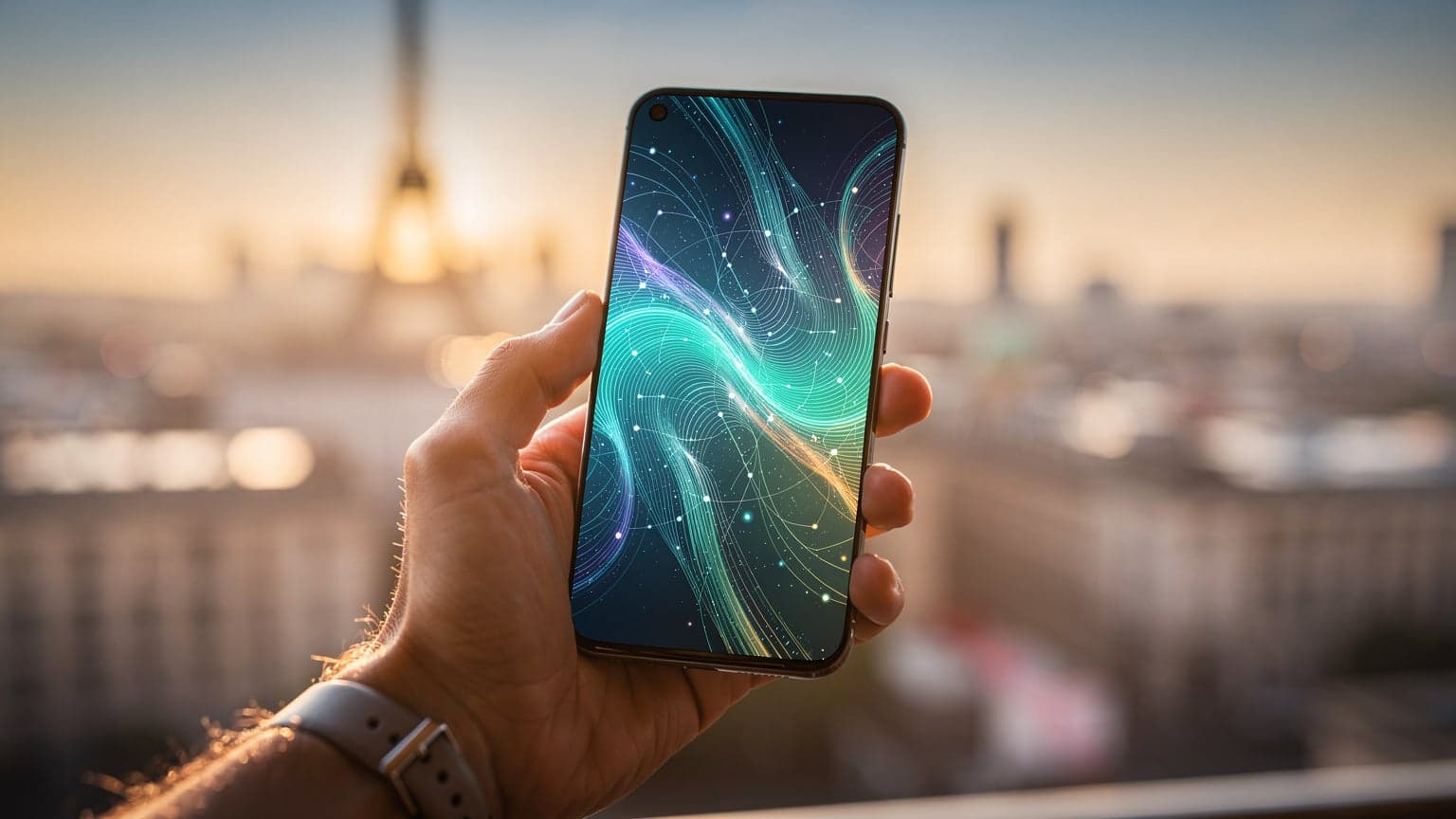 A close-up of a hand holding a modern smartphone, with a blurred, beautiful travel destination in the background during golden hour. The phone screen shows a soft, abstract digital interface, representing global connectivity and future travel choices.
