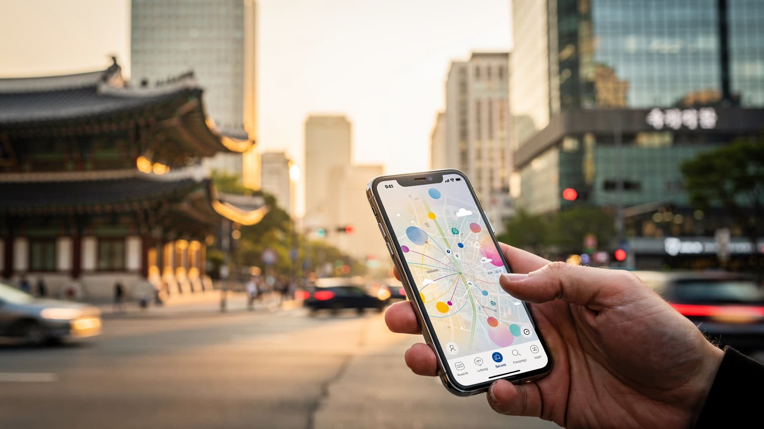 A close-up of a hand holding a smartphone against a blurred yet vibrant Seoul cityscape at sunset, highlighting modern travel and digital connectivity.