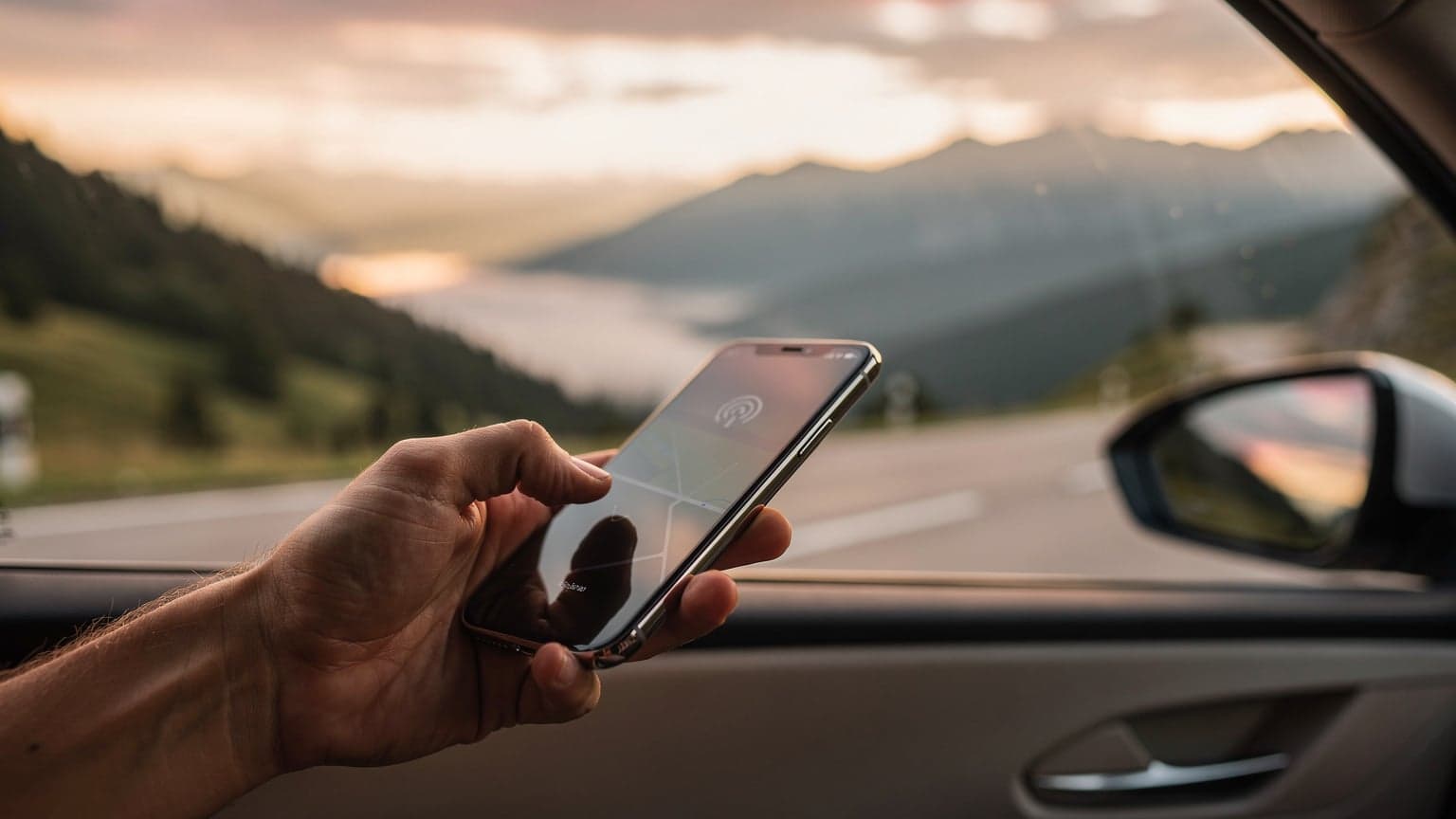 A photorealistic editorial image of a hand holding a smartphone with a digital map, set against a blurred background of a scenic Balkan mountain road at golden hour, symbolizing modern travel and continuous connectivity.