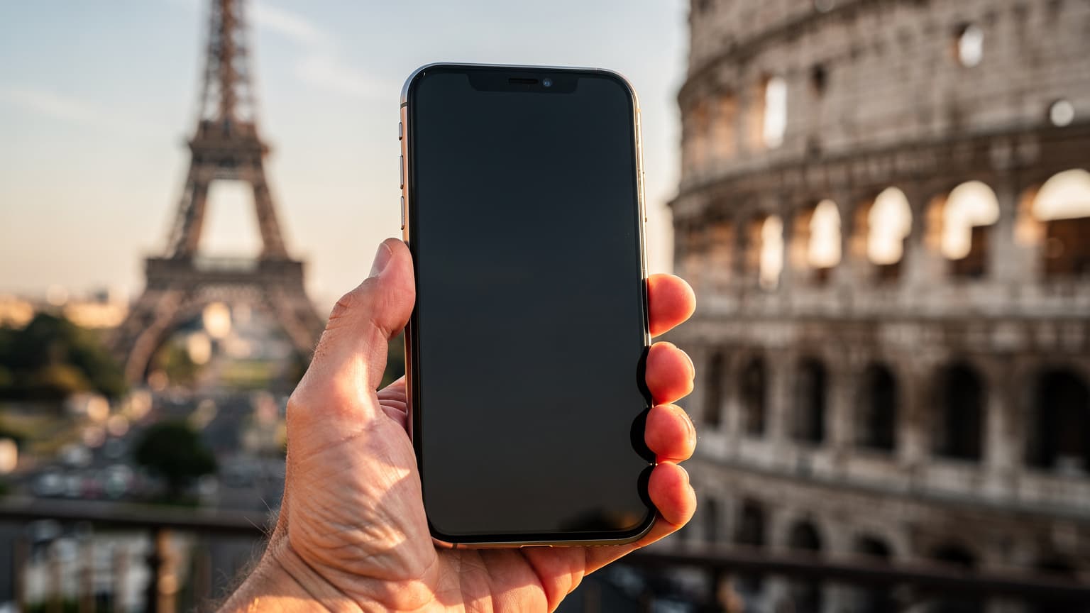 Editorial hero image for a travel tech magazine showing a hand holding a modern smartphone, with iconic European landmarks softly blurred in the background, symbolizing a two-week Eurotrip experience with eSIM technology.