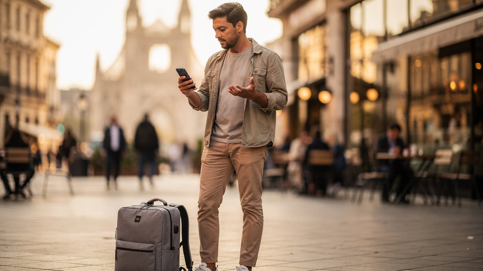 A diverse traveler in a bustling international city square, illuminated by golden hour sunlight, looks at their smartphone with a confident expression, symbolizing seamless global connectivity and problem-solving for eSIM users.