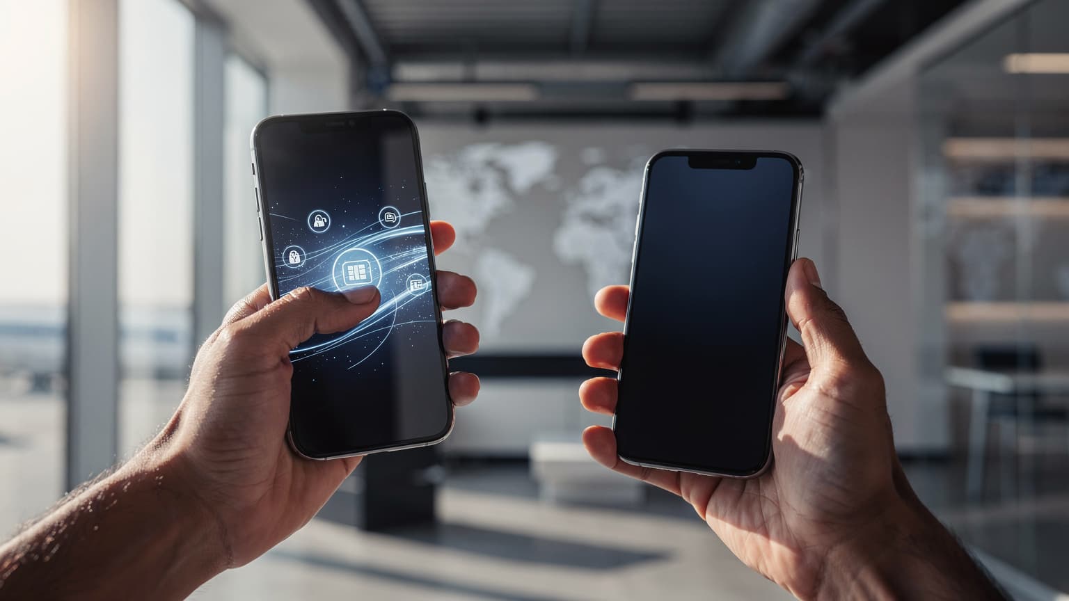 A close-up shot of elegant hands transferring data between two sleek, unbranded smartphones with a futuristic digital interface, set in a modern, minimalist environment.