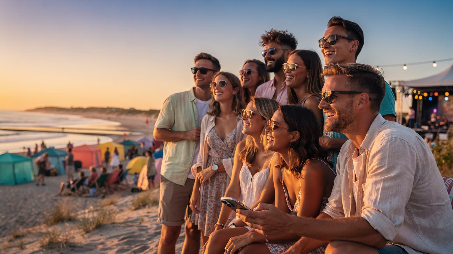 A diverse group of young adults enjoying a vibrant summer festival on a Danish beach at sunset, with colorful tents and the coastline in the background, subtly implying modern connectivity.