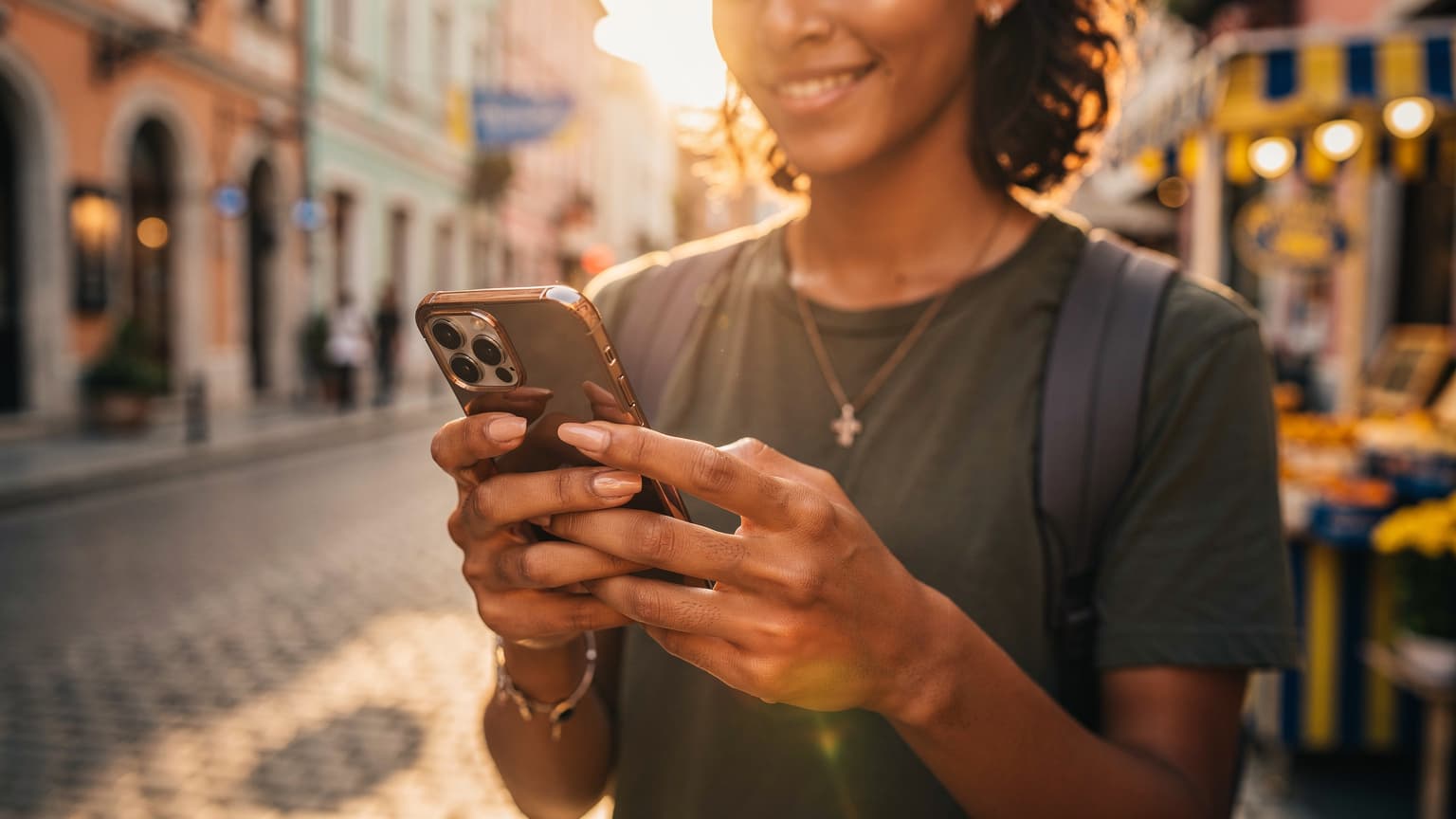 A person smiles while looking at a smartphone screen, held against a blurred, sunlit European city background, symbolizing seamless global connectivity for travelers.