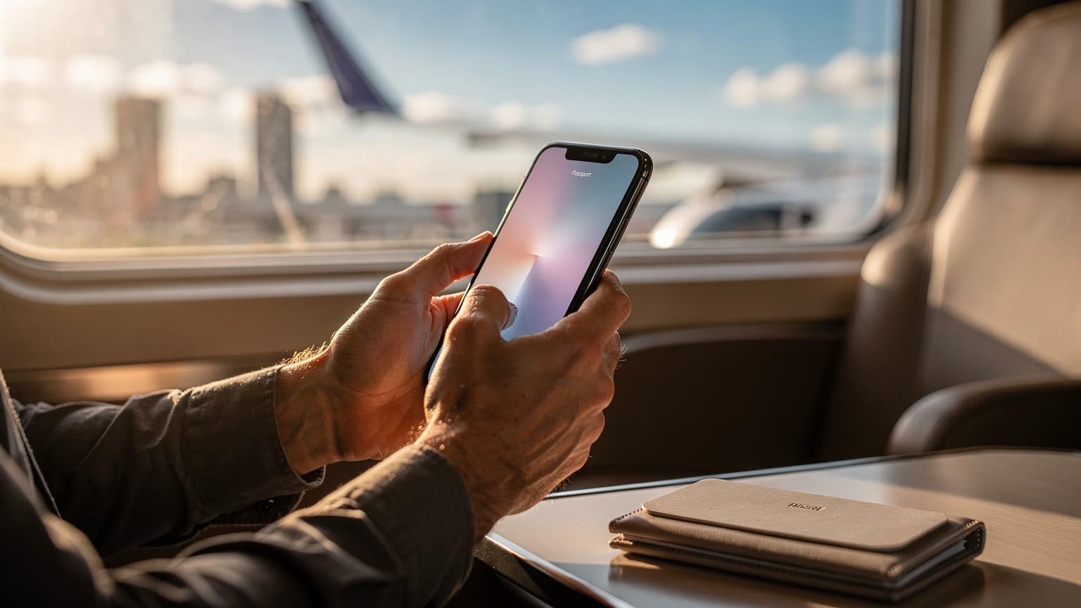 Hands holding an iPhone in an airport lounge, with a passport and travel scenery in the background, under natural light.
