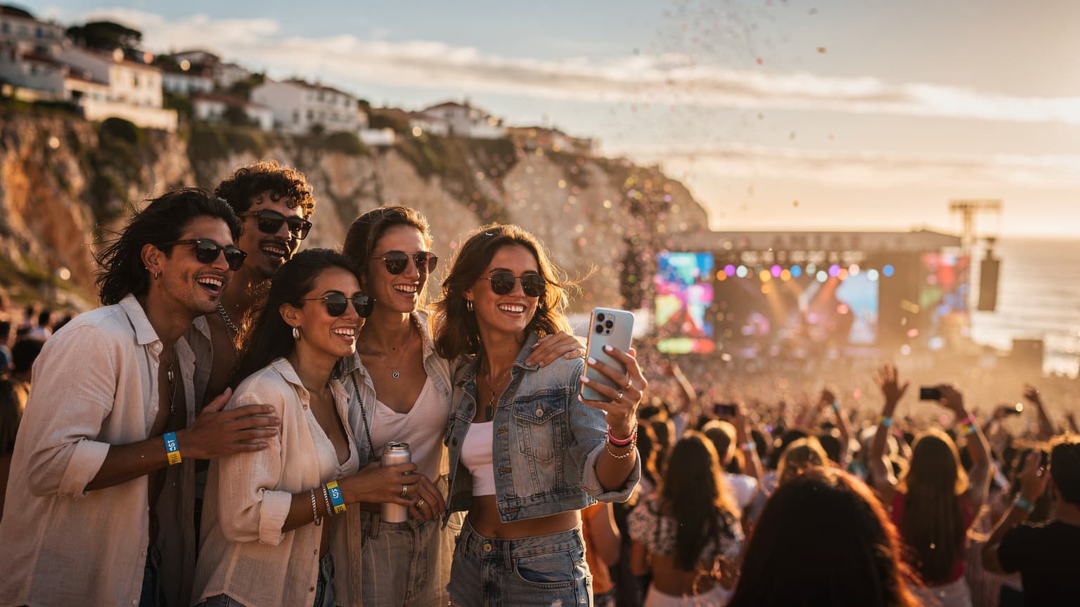 A vibrant, cinematic photo of young festival-goers enjoying a summer music festival in Portugal at golden hour, with one person subtly interacting with a sleek, unbranded smartphone, symbolizing seamless 5G connectivity.