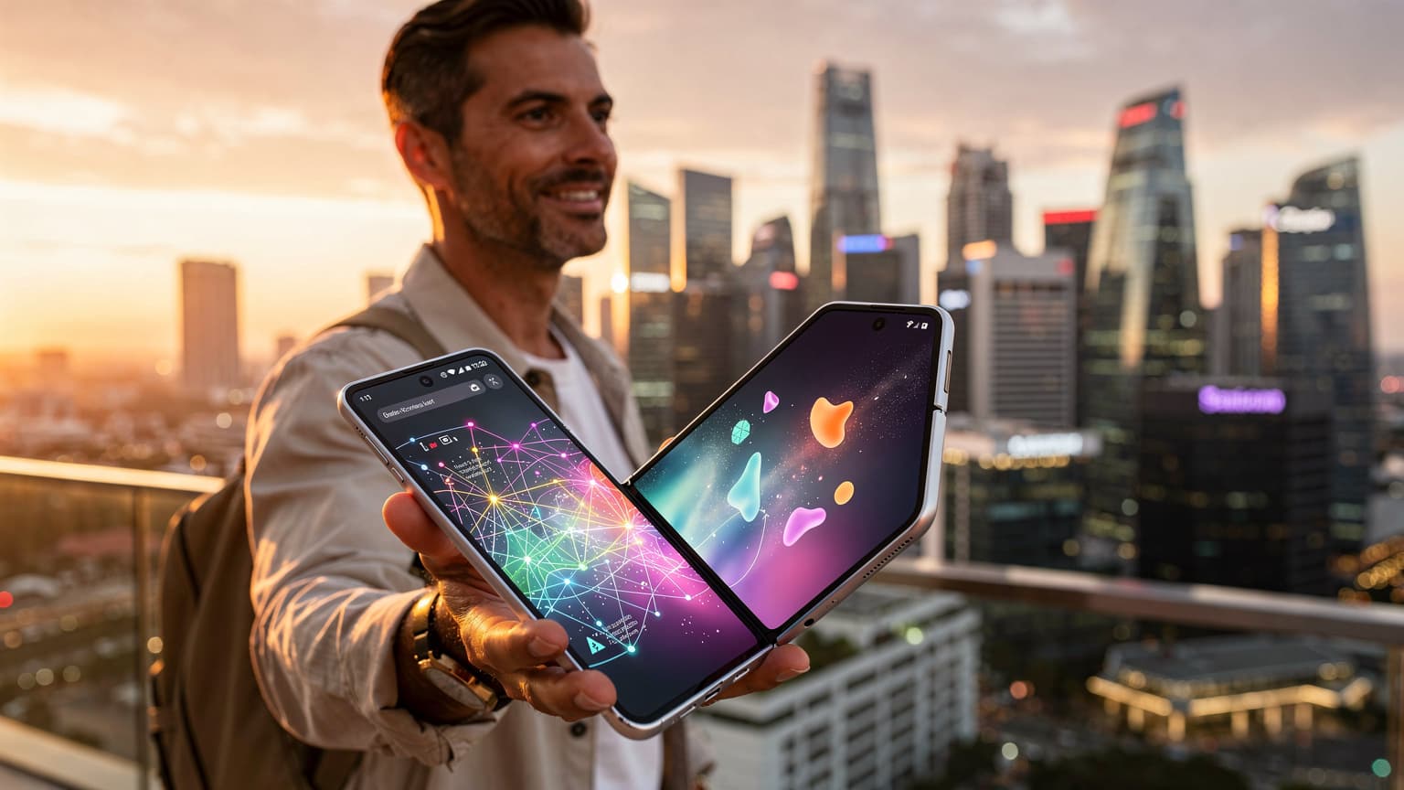 A modern traveler using a futuristic Galaxy Z Fold/Flip 8 smartphone against a stunning cityscape at sunset, symbolizing seamless global connectivity and sophisticated travel.