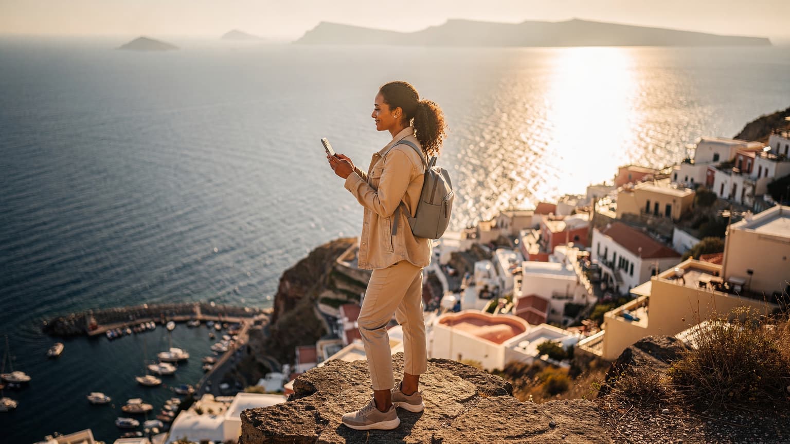A traveler stands on a cliff overlooking a Mediterranean coastal town and ocean, holding a smartphone with a serene expression, symbolizing easy global connectivity while traveling.