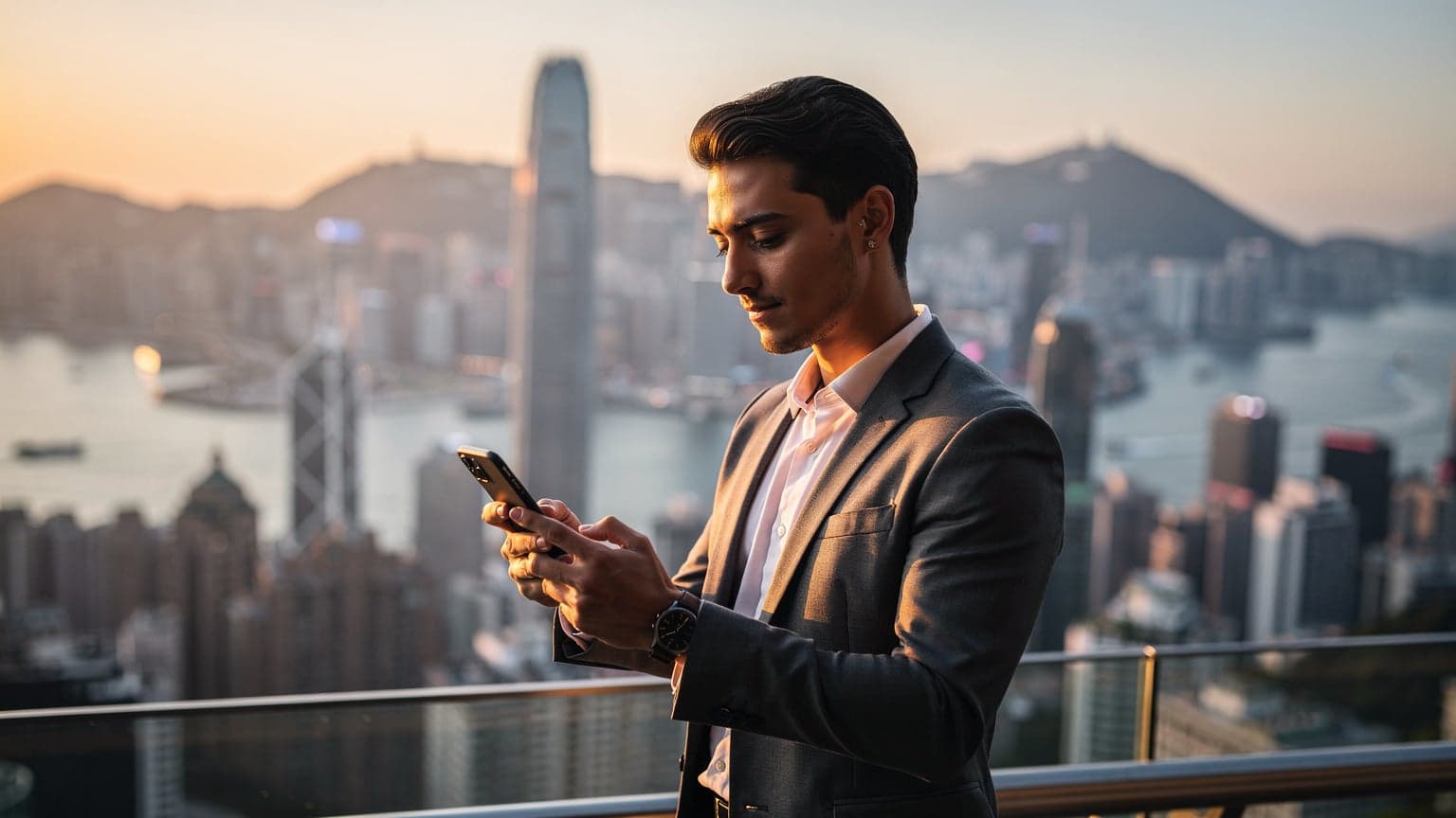 A modern traveler or business professional holding a smartphone, with the iconic Hong Kong skyline at golden hour in the background, symbolizing global connectivity.