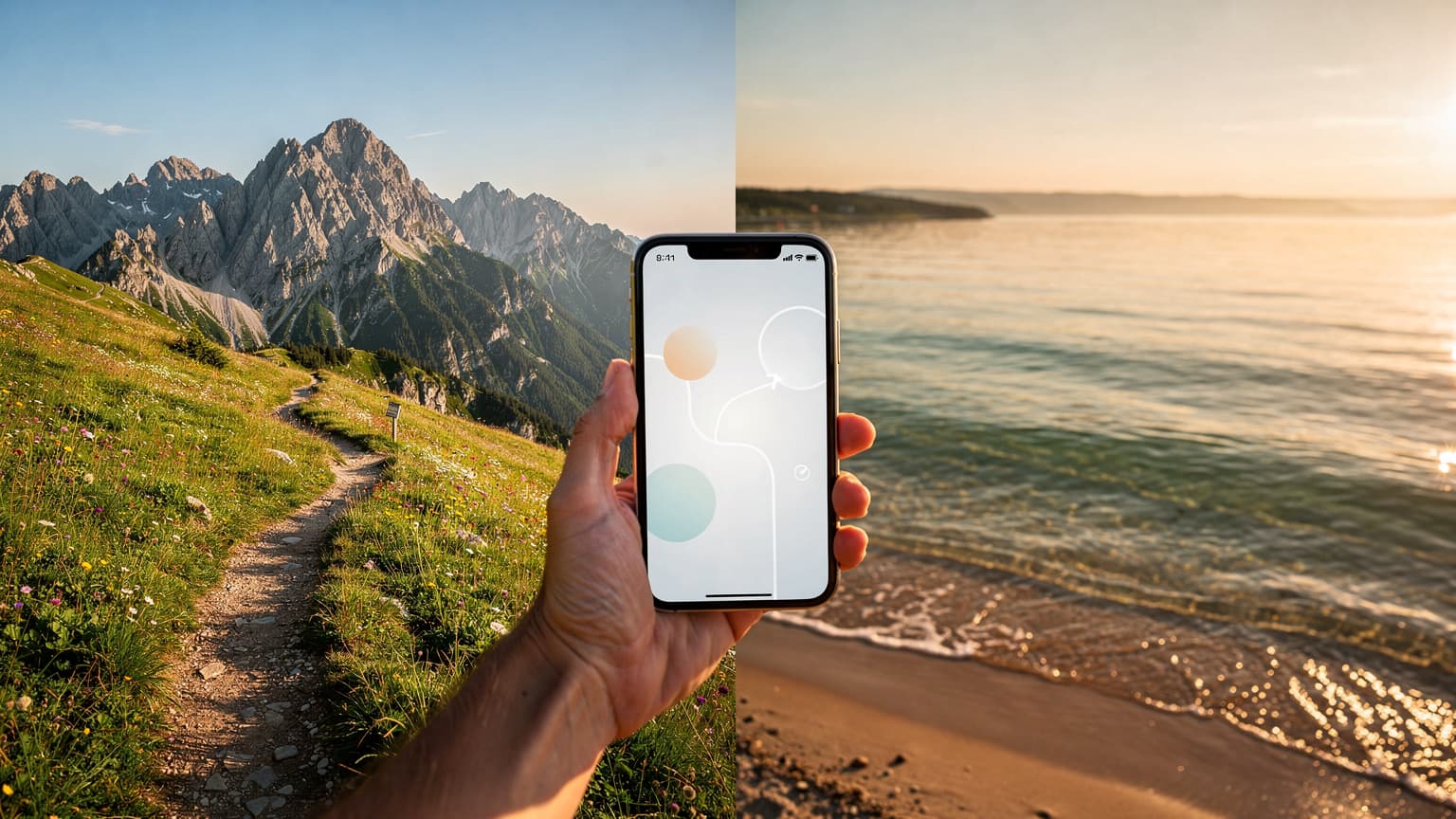 A composite image depicting the High Tatras mountains and Lake Balaton, with a hand holding a smartphone, symbolizing seamless travel connectivity.