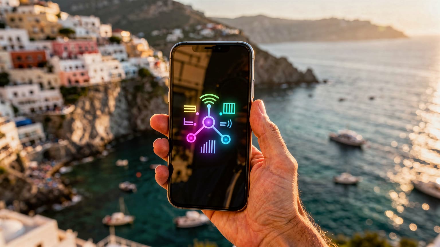 A close-up of a hand holding a smartphone against a blurred, beautiful European coastal landscape during golden hour. The phone screen shows a generic signal icon, symbolizing connectivity for travelers.