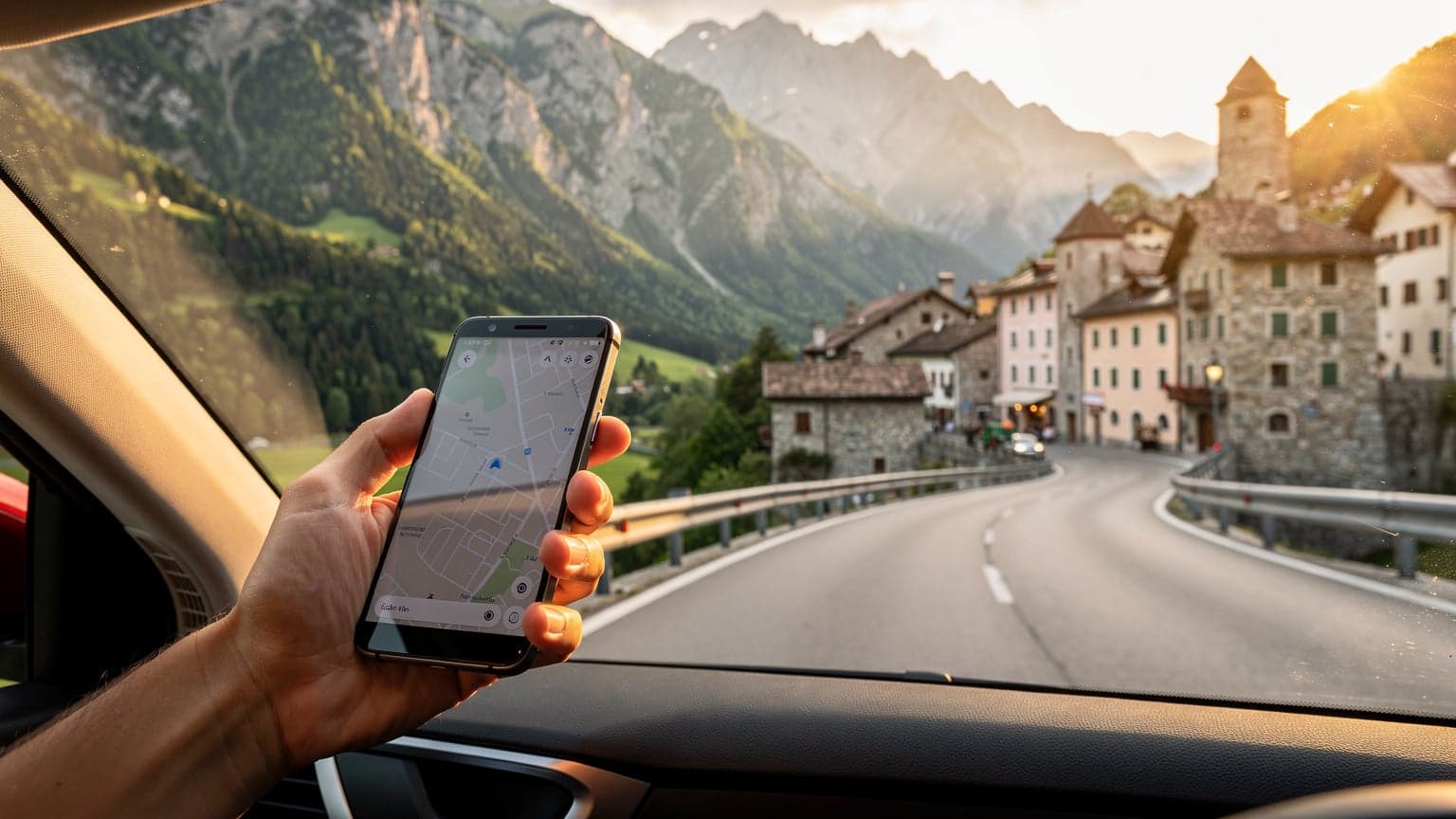A traveler's hand holds a smartphone inside a car, with a scenic European landscape visible through the window, illustrating seamless digital connectivity during a road trip. The scene is bathed in natural golden hour light.