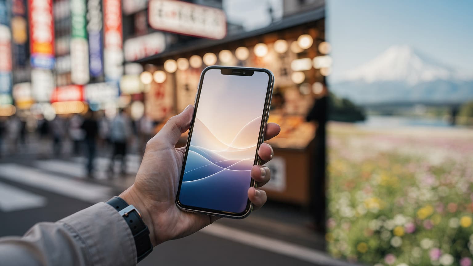 A hand holding a smartphone with a data interface, set against a blurred background of iconic Japanese locations like Tokyo, Osaka, and Hokkaido, representing seamless travel connectivity.