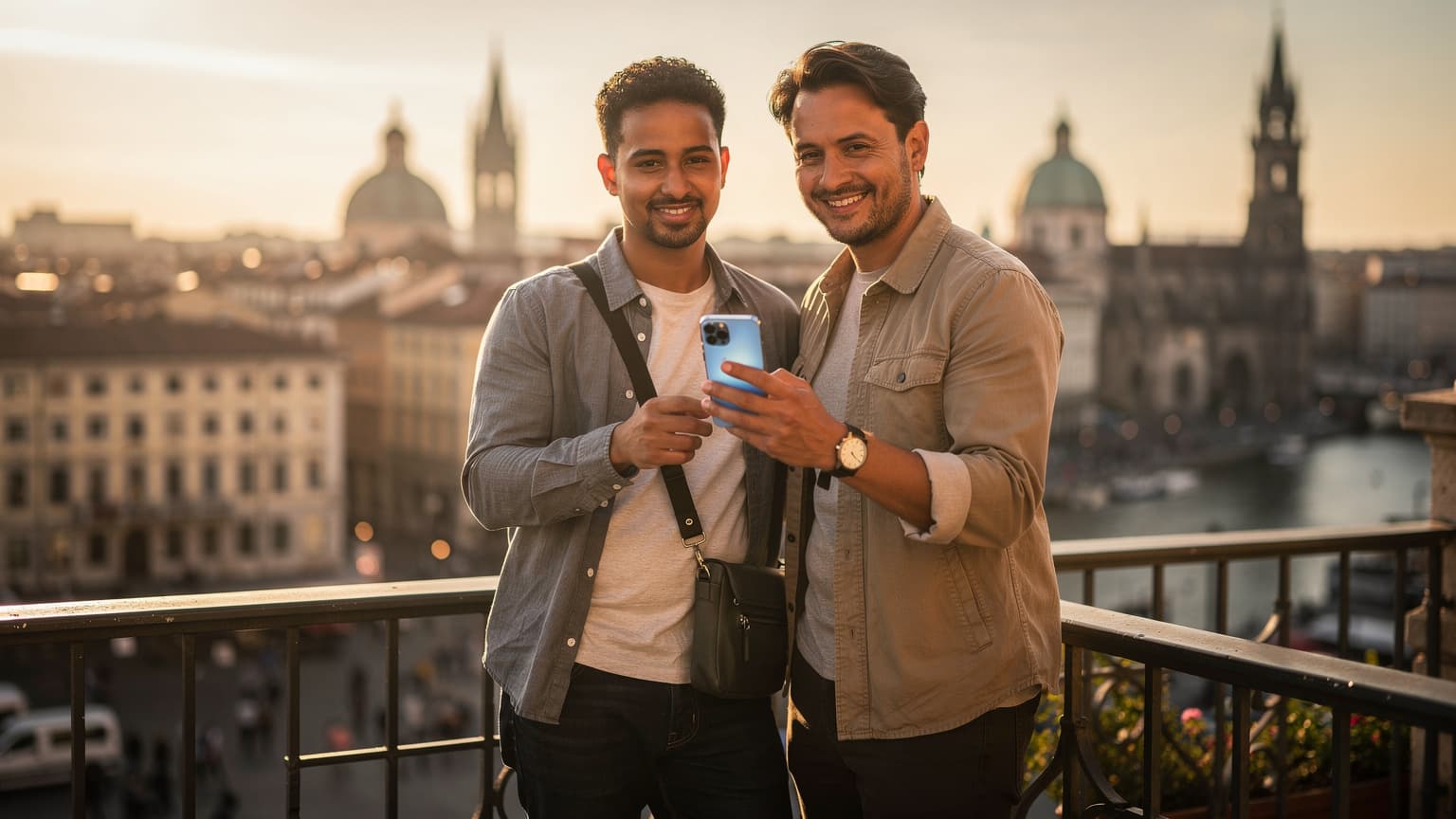 A traveler looking at their smartphone on a balcony overlooking a European city at sunset, symbolizing seamless global connectivity for international travel.