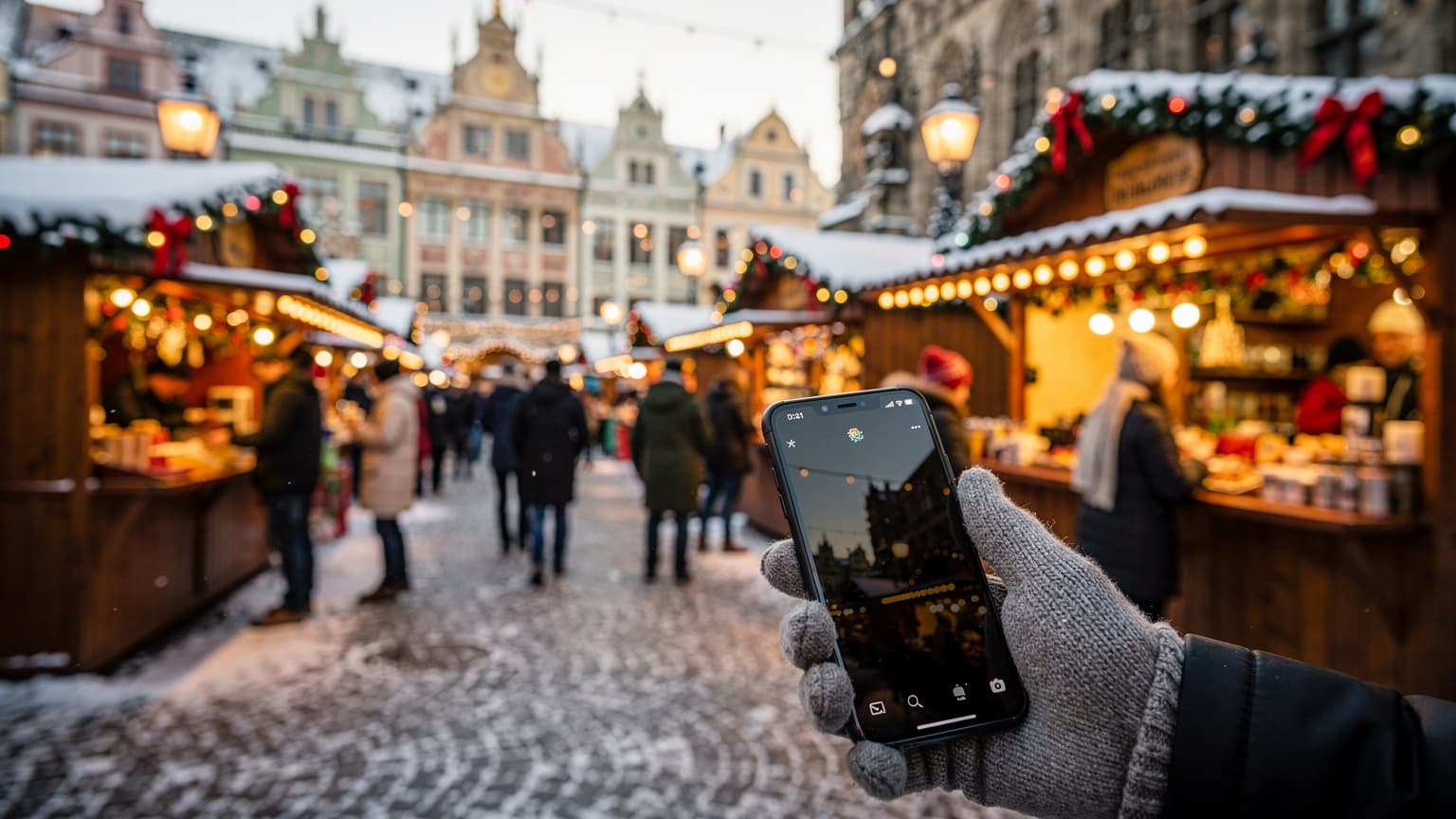 A vibrant, snow-covered European Christmas market at dusk, with glowing festive lights, historic buildings, and a hand subtly holding a smartphone, capturing the essence of winter travel and digital connectivity.