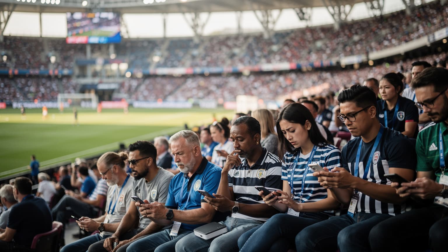 A diverse group of fans in a packed American World Cup stadium, some appearing frustrated with smartphone internet connectivity while others manage data, illustrating the cost and challenges of stadium Wi-Fi.