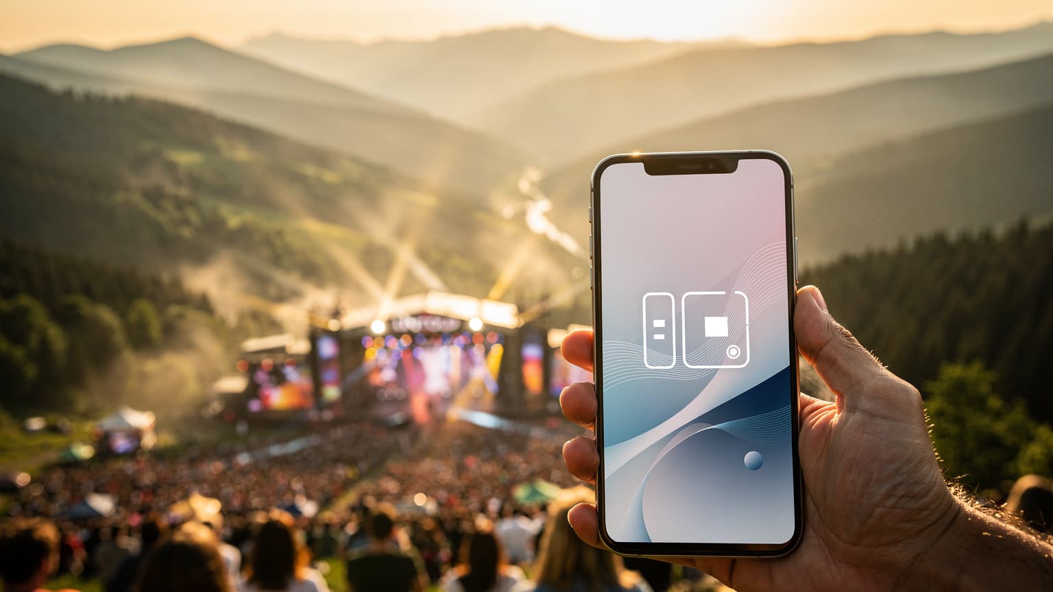 A modern smartphone displaying a digital interface, set against a backdrop of the Carpathian Mountains and a vibrant music festival, symbolizing seamless travel connectivity in Romania.