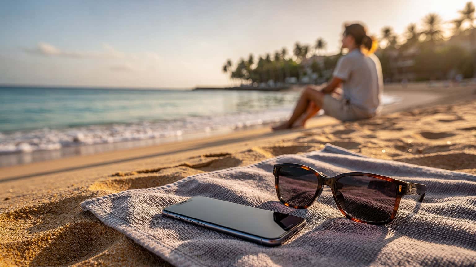 A person relaxing on a beautiful, sun-drenched beach in Cabo Verde with a modern smartphone subtly placed on a towel, symbolizing seamless internet connectivity for travel.