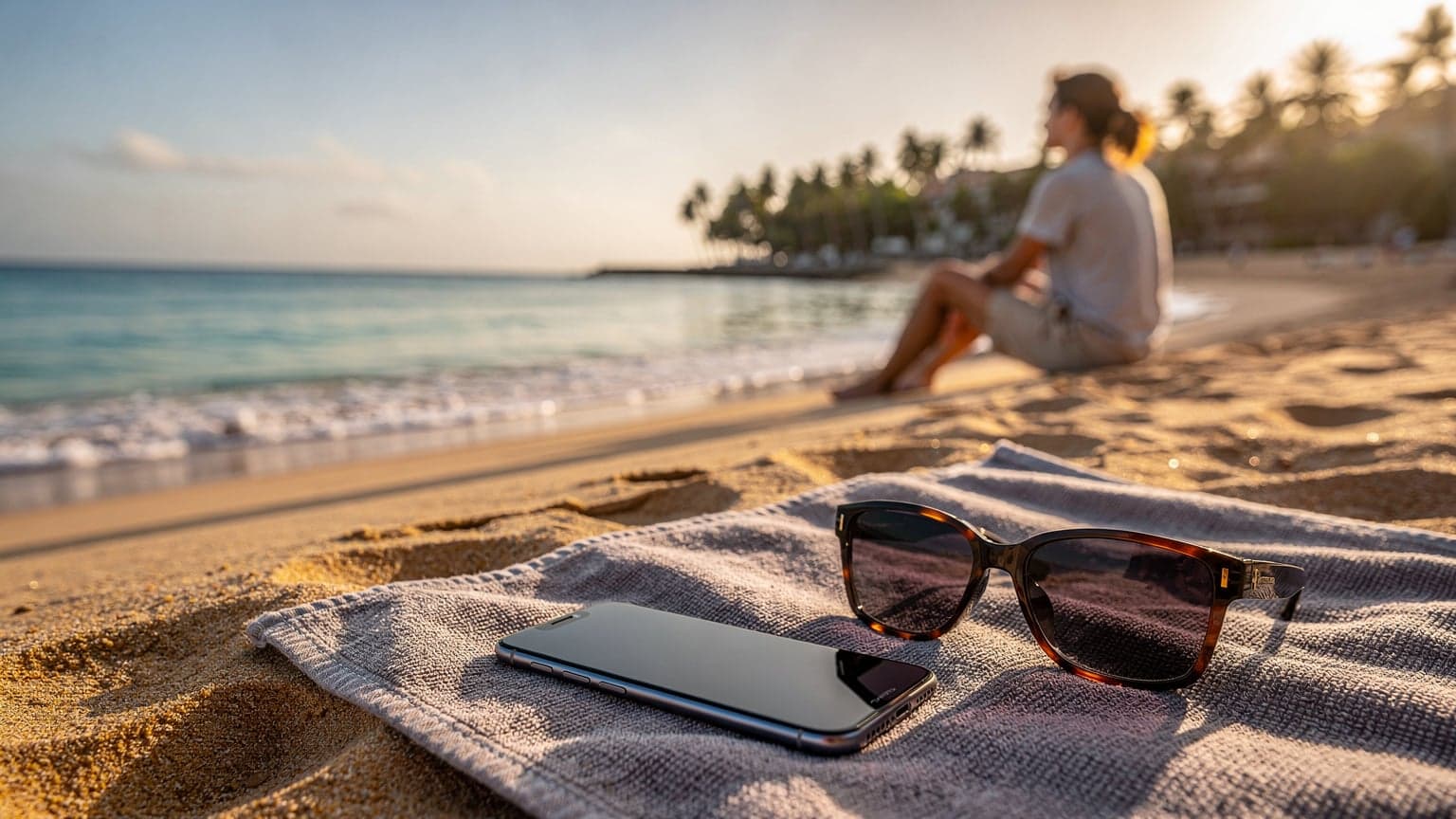A person relaxing on a beautiful, sun-drenched beach in Cabo Verde with a modern smartphone subtly placed on a towel, symbolizing seamless internet connectivity for travel.