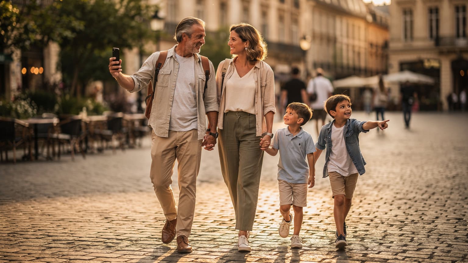 A modern family, including two parents and two children, walking through a beautiful, sunlit European city. One parent is subtly looking at a smartphone, suggesting seamless travel enabled by technology.