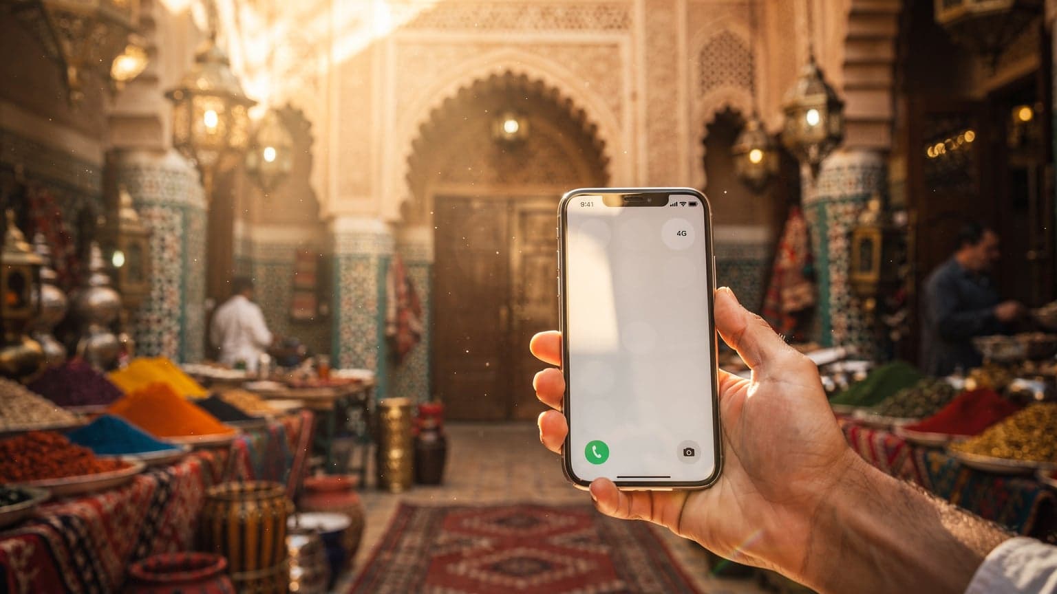 A traveler's hand holding a smartphone with a generic illuminated screen, set against a blurred yet vibrant Moroccan souk or riad courtyard bathed in golden hour light, symbolizing connected travel with an eSIM in Marrakech or Fes.