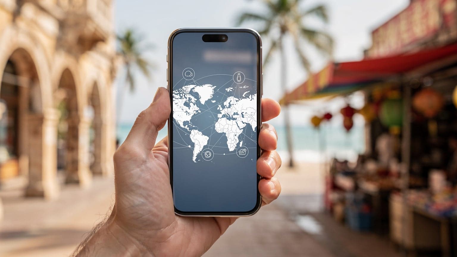 A close-up of a hand holding a smartphone with a blurred international travel scene in the background, symbolizing modern, connected global travel.