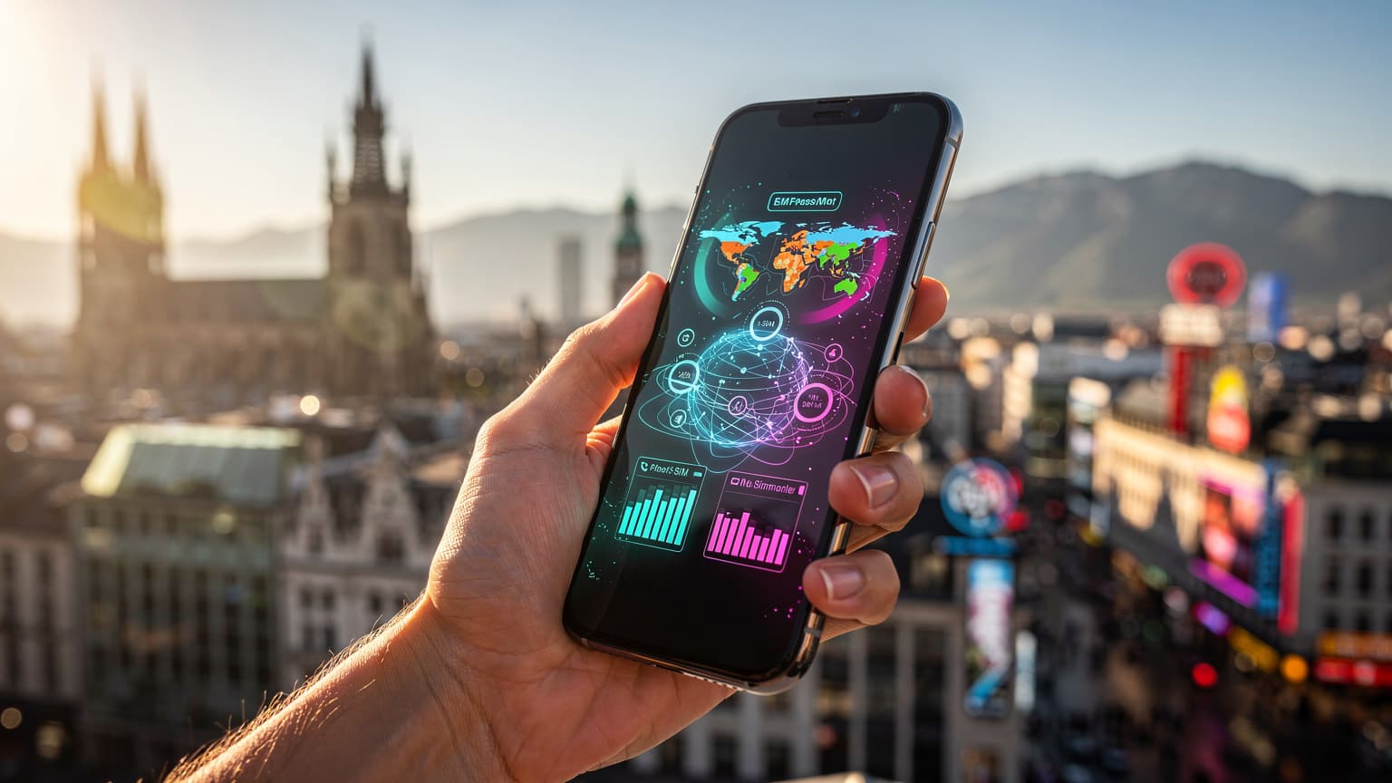 A hand holding a sleek smartphone displaying a comparison of two abstract network coverage maps or data plans, set against a blurred but beautiful international travel destination like a city skyline or a natural landscape, representing global eSIM options and roaming.