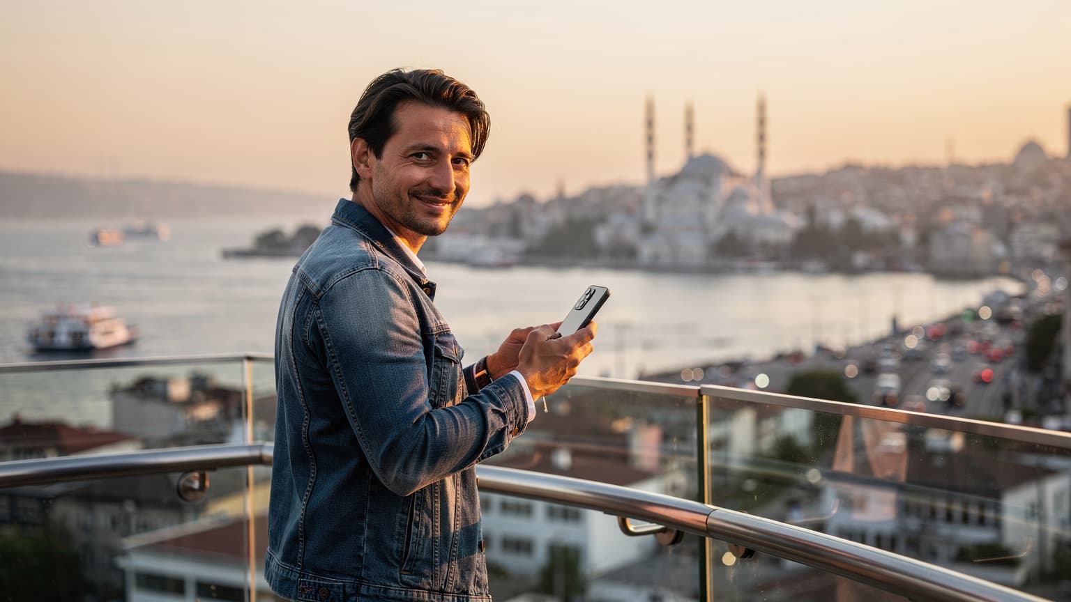 A person on an Istanbul observation deck looks at a smartphone with the Hagia Sophia and Blue Mosque in the golden hour background, symbolizing easy travel and digital connection.