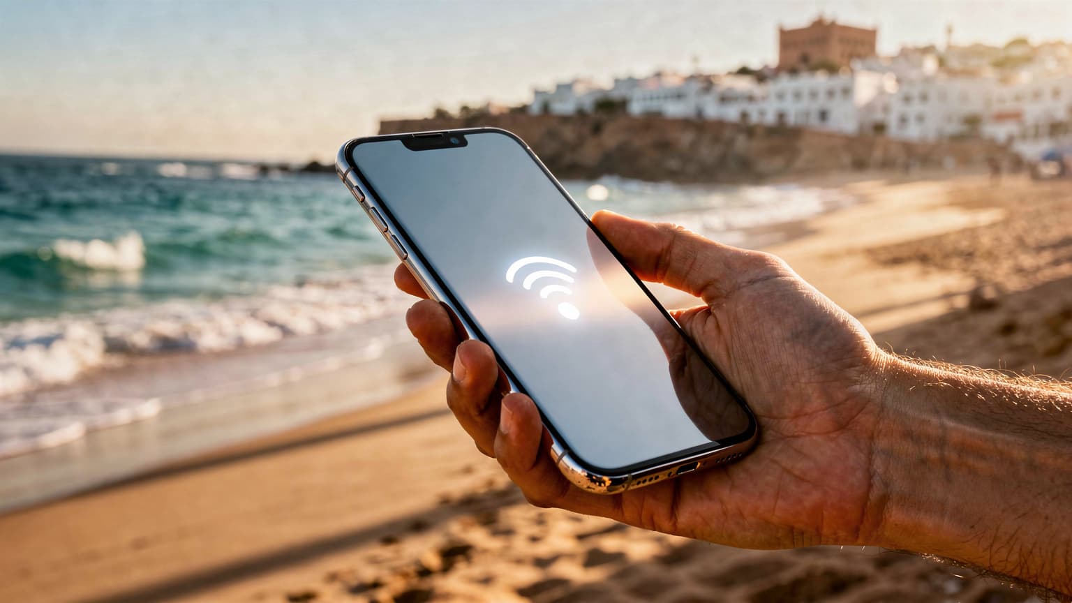 A hand holding a smartphone with a strong signal icon, set against a beautifully blurred backdrop of a sunny Moroccan beach with golden sand and turquoise water, conveying internet connectivity while traveling.