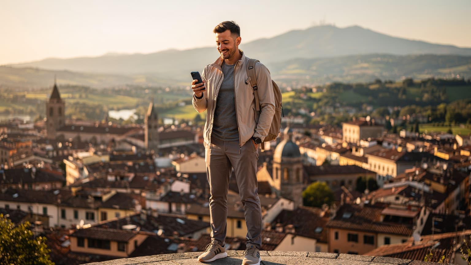An editorial, photorealistic image of a stylish traveler standing on a scenic overlook, subtly interacting with a generic smartphone, with a stunning landscape or city view in the background, conveying effortless global connectivity and carefree travel.