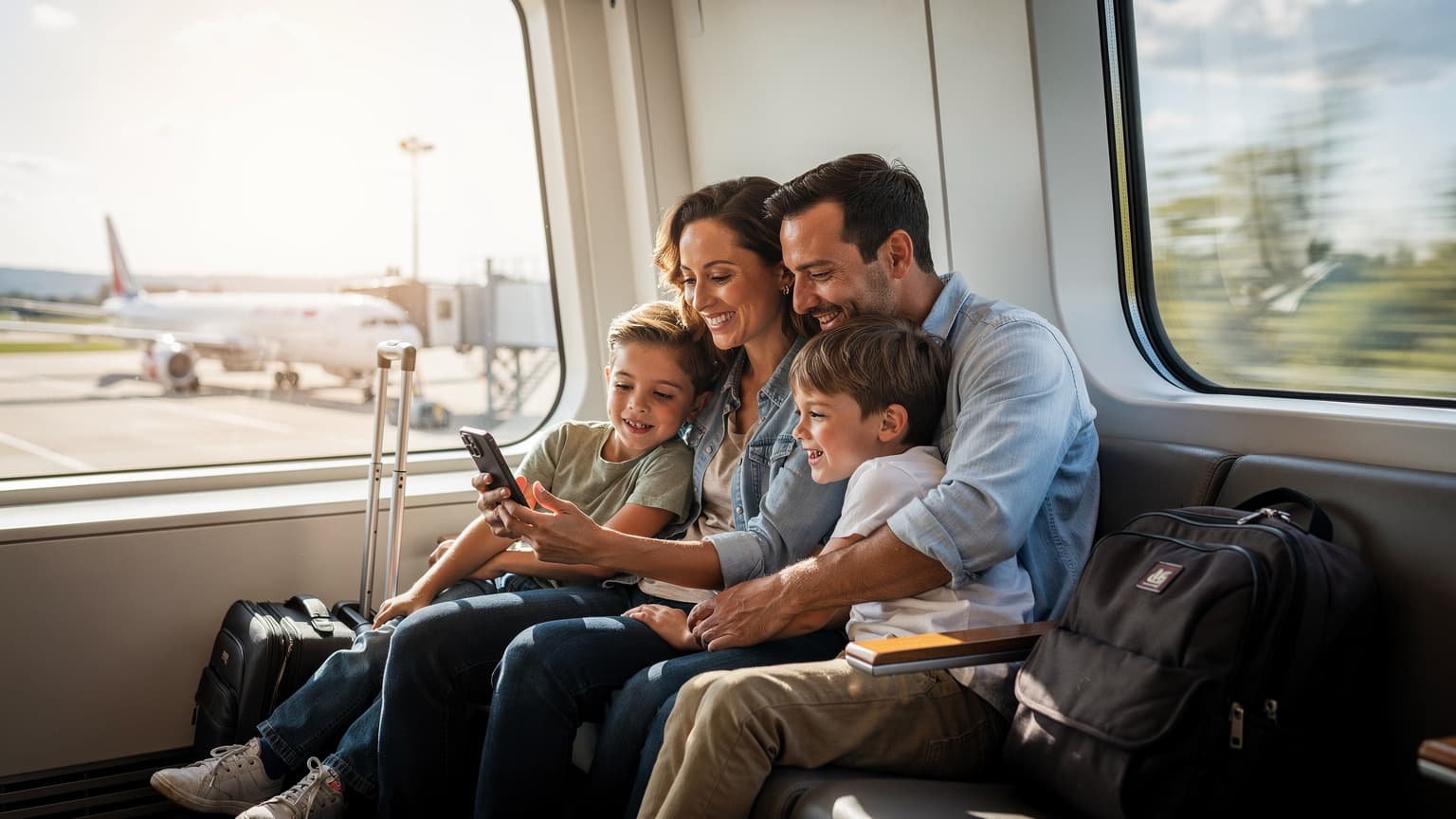 A diverse family, including two parents and two children, smiling and relaxed in a modern travel setting, subtly interacting with a smartphone, symbolizing stress-free family travel enabled by technology like eSIMs.