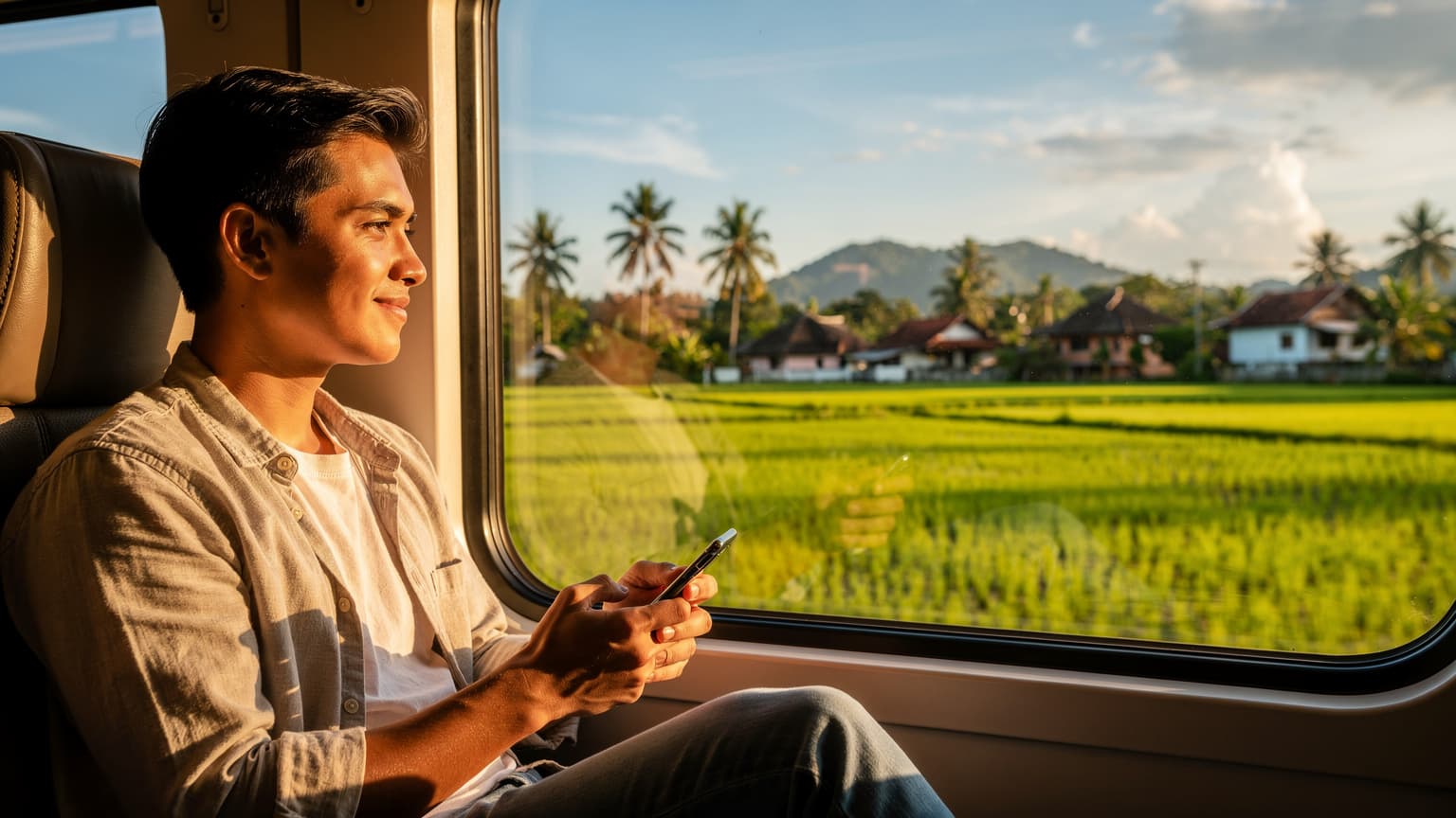 A person traveling 'balik kampung' for Aidiladha, looking out a window from a train or bus, holding a smartphone with a relaxed expression, symbolizing seamless and affordable mobile data during their journey.