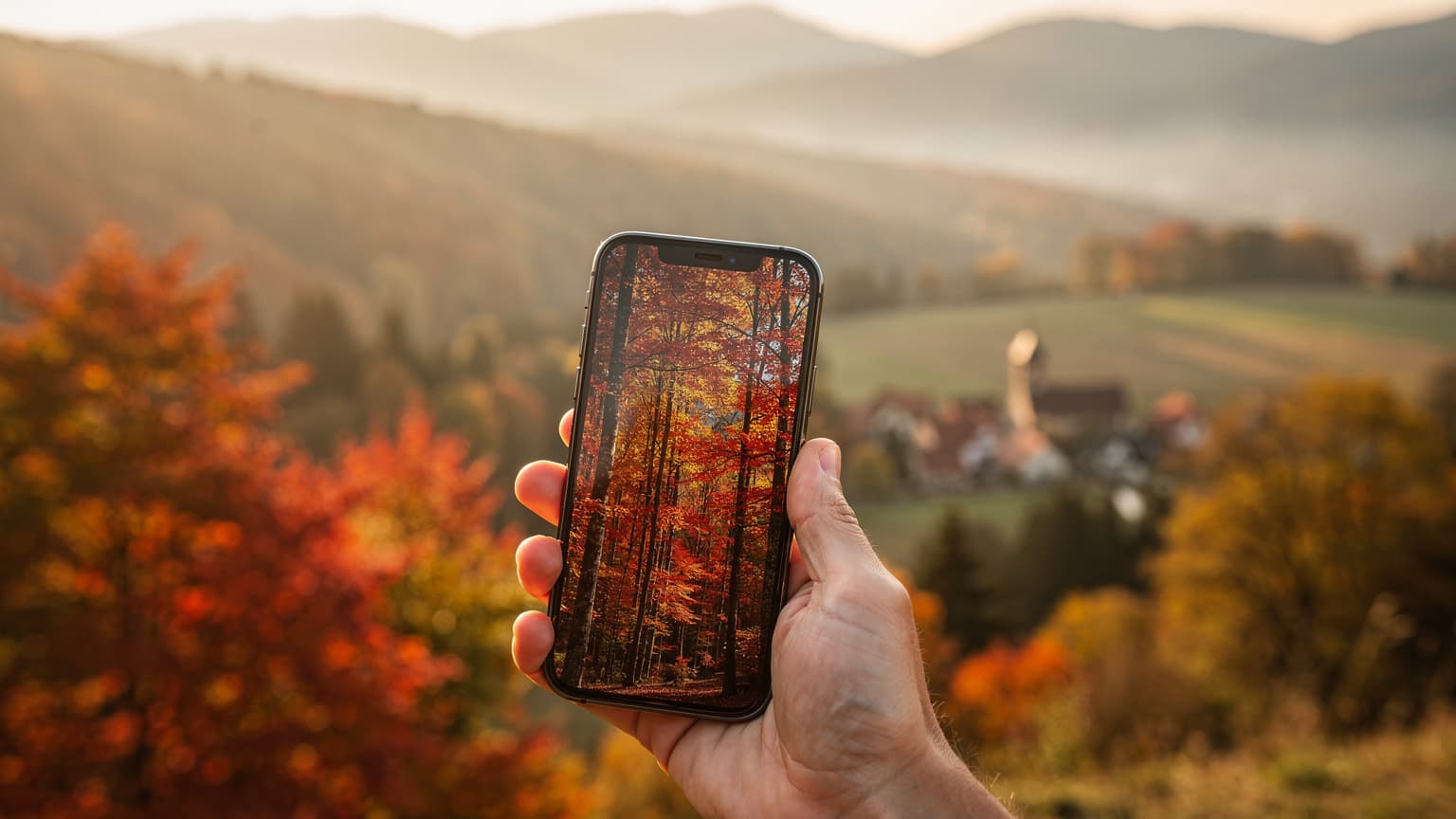 A close-up of a hand holding a generic smartphone, its screen reflecting the vibrant red and orange colors of an autumn forest, set against a softly blurred background of a scenic fall landscape under golden hour light, symbolizing connected travel.