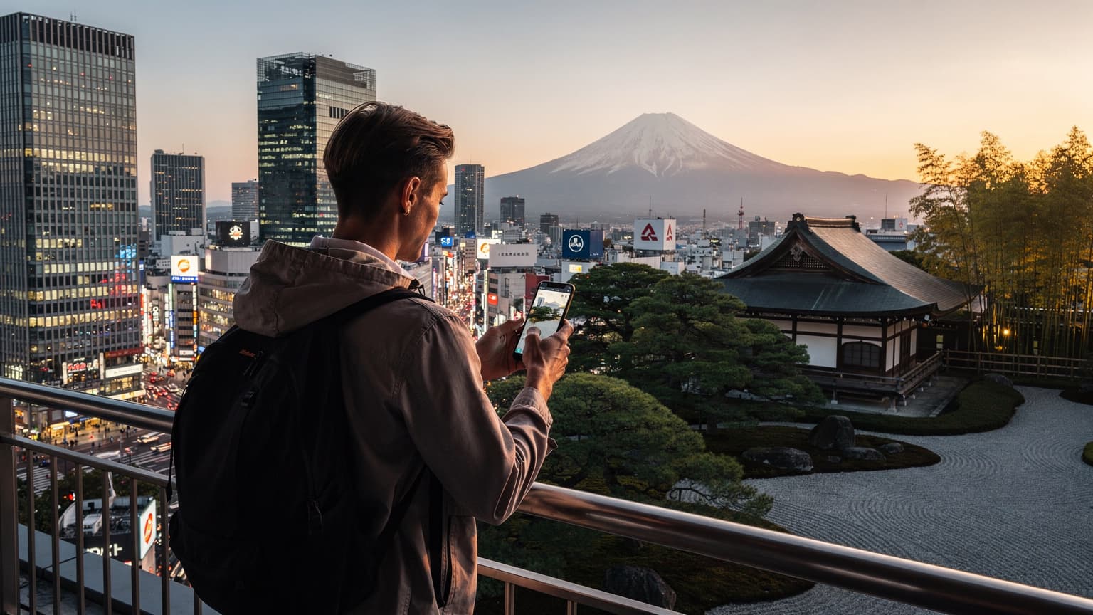 A cinematic, wide shot of a traveler overlooking a panoramic Japanese landscape, blending modern Tokyo skyscrapers with traditional Kyoto temples and Mount Fuji in the background. The traveler holds a smartphone, symbolizing connectivity.