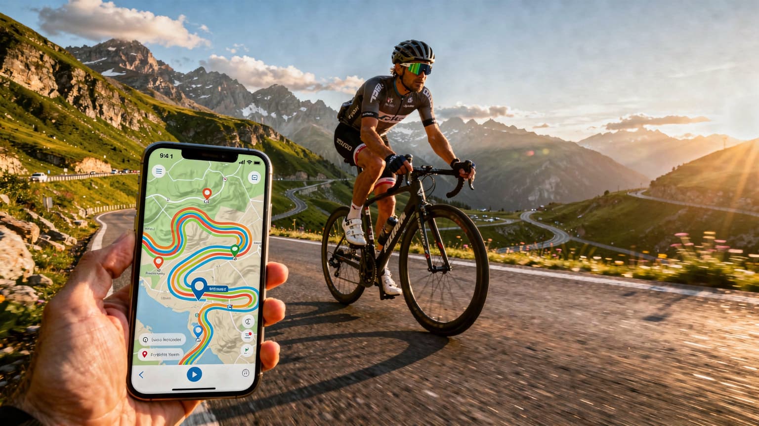 A professional cyclist rides through the French Alps at golden hour, with a hand holding a smartphone showing a live race tracker in the foreground, suggesting following the Tour de France with an eSIM.