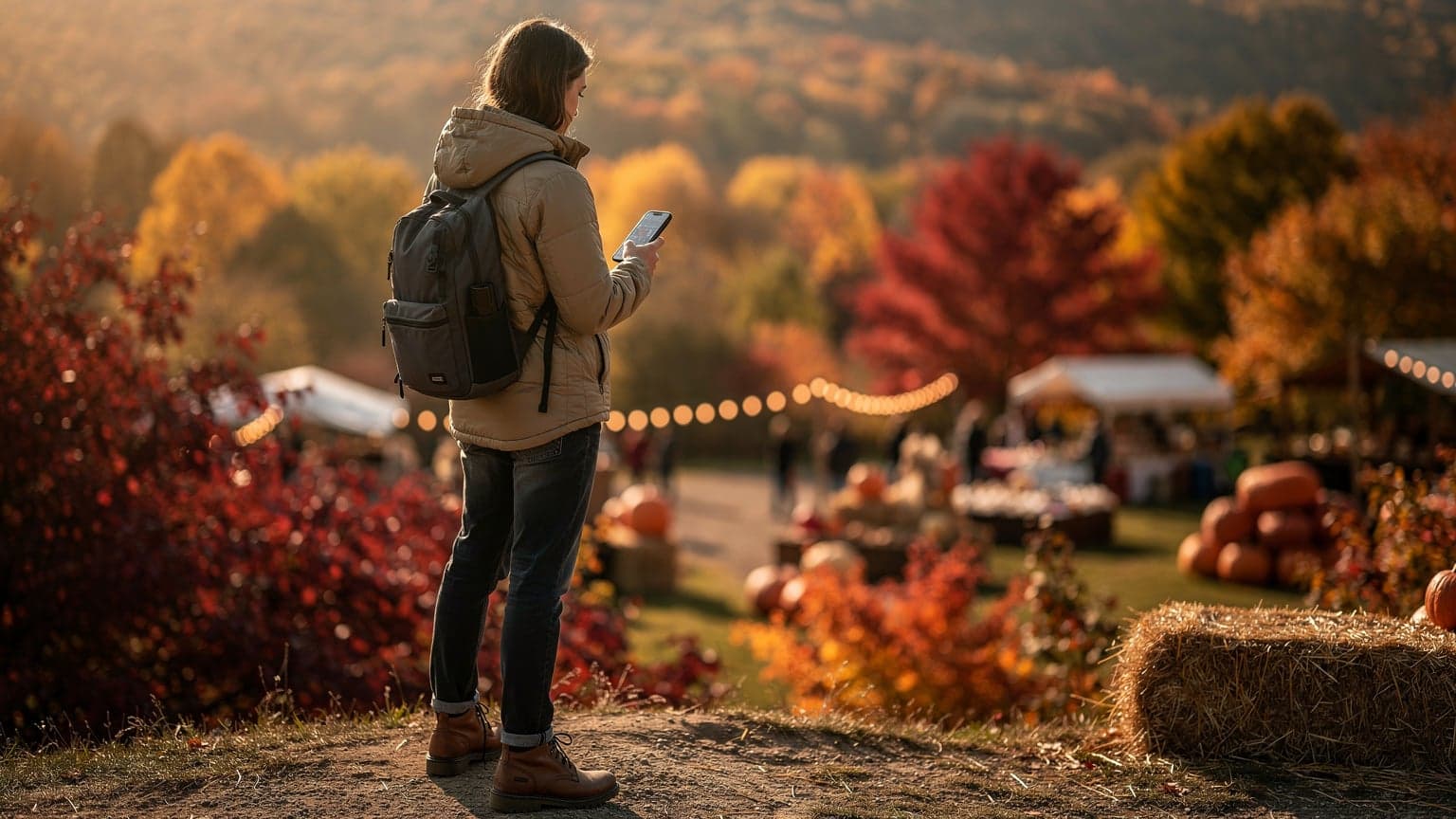 A person stands in a stunning autumn landscape with vibrant red, orange, and yellow fall foliage, holding a smartphone, with a hint of a harvest festival in the background, under warm golden hour light.