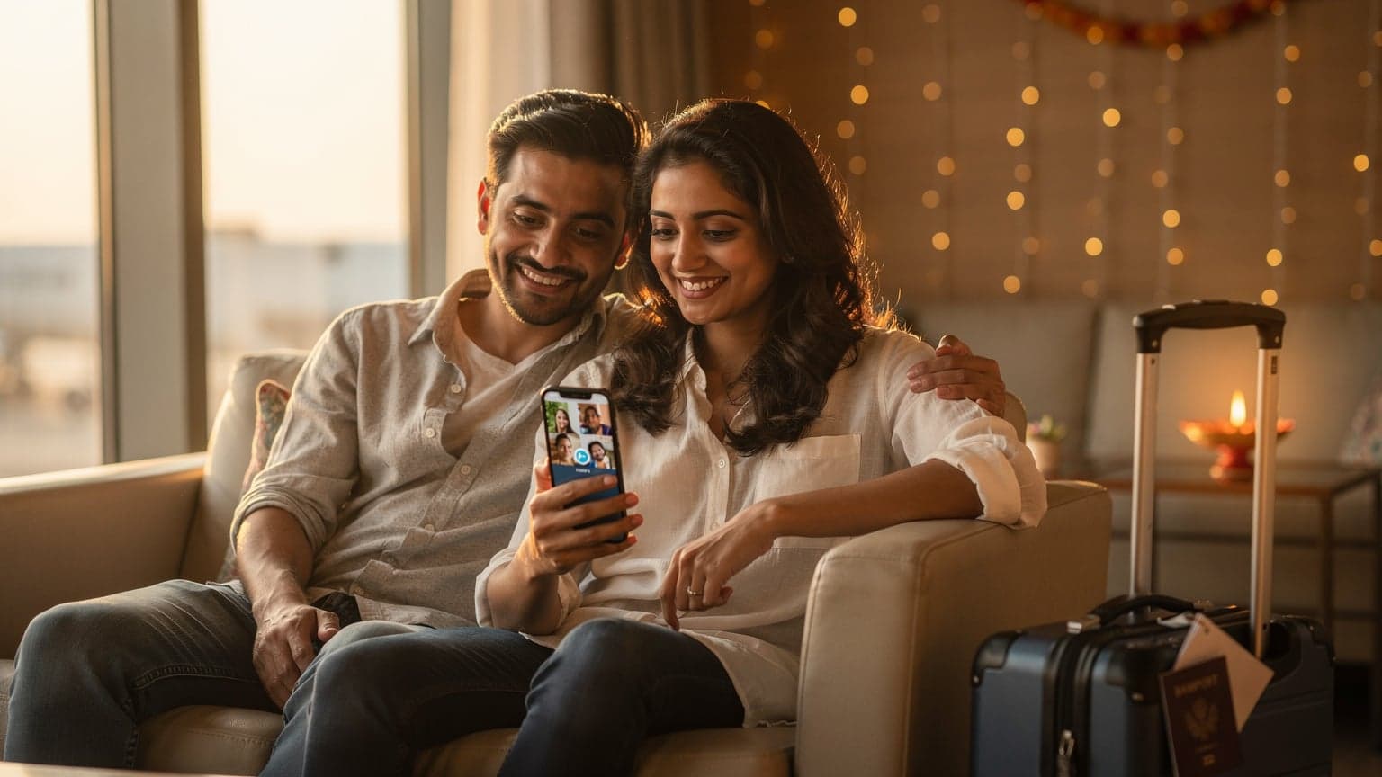A person happily using a smartphone, connecting with family during Diwali travel to India, highlighting the convenience of eSIM technology.