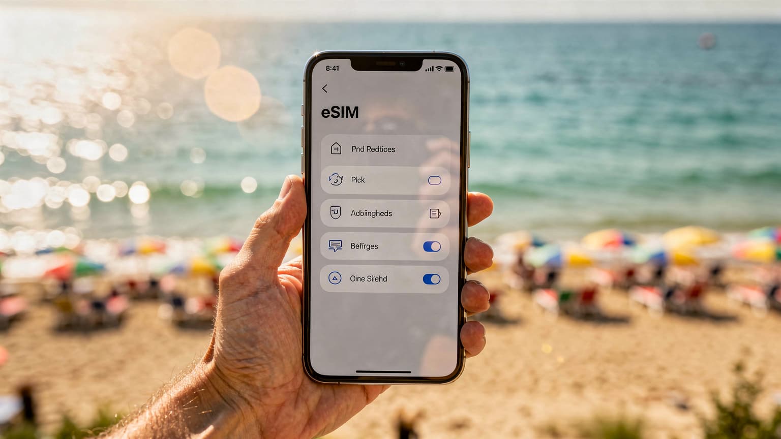 A hand holding a smartphone displaying an eSIM setup screen, set against a blurred background of a sunny Bulgarian beach with golden sand and clear blue water, symbolizing modern connectivity for summer travel.