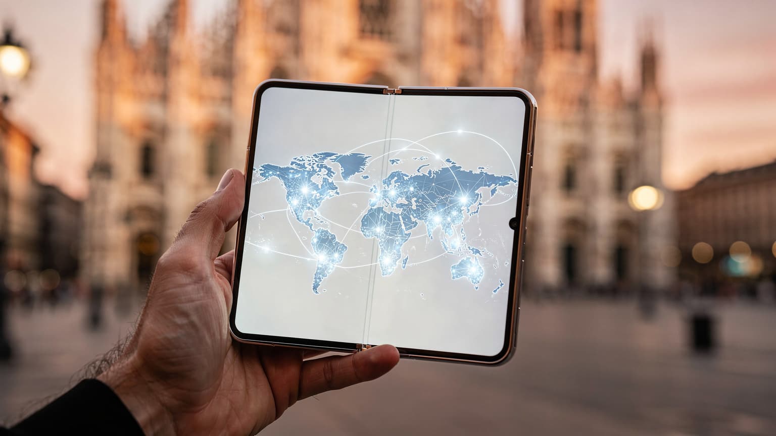 A hand holds an open Samsung Galaxy Z Fold 7 smartphone, its screen showing a global network symbol, against a softly blurred background of a historic European city street at sunset. The image conveys modern travel and seamless international connectivity.