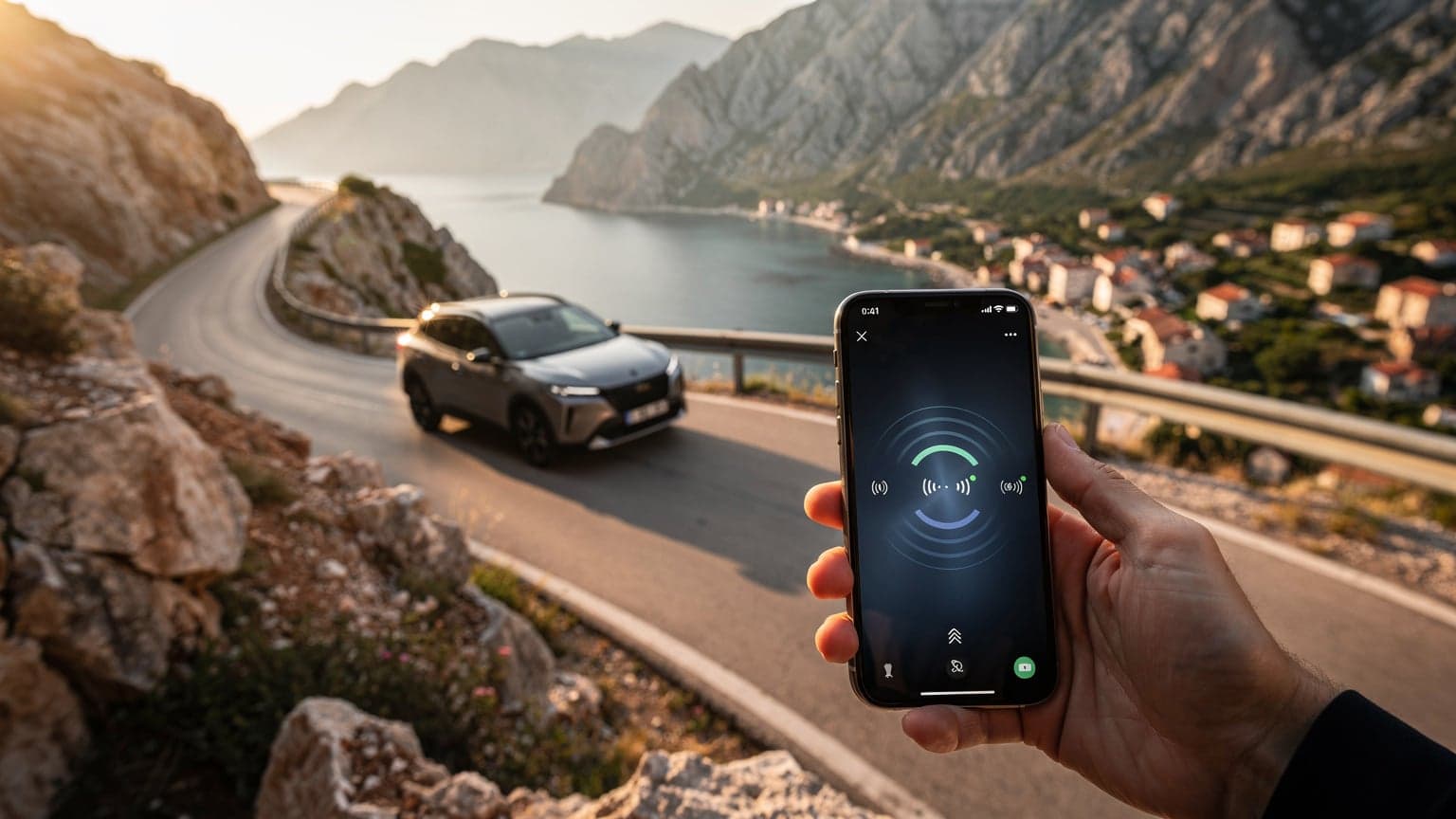 A close-up of a hand holding a smartphone, with a blurred yet scenic background of a winding road through the Balkans at golden hour, symbolizing seamless travel connectivity.