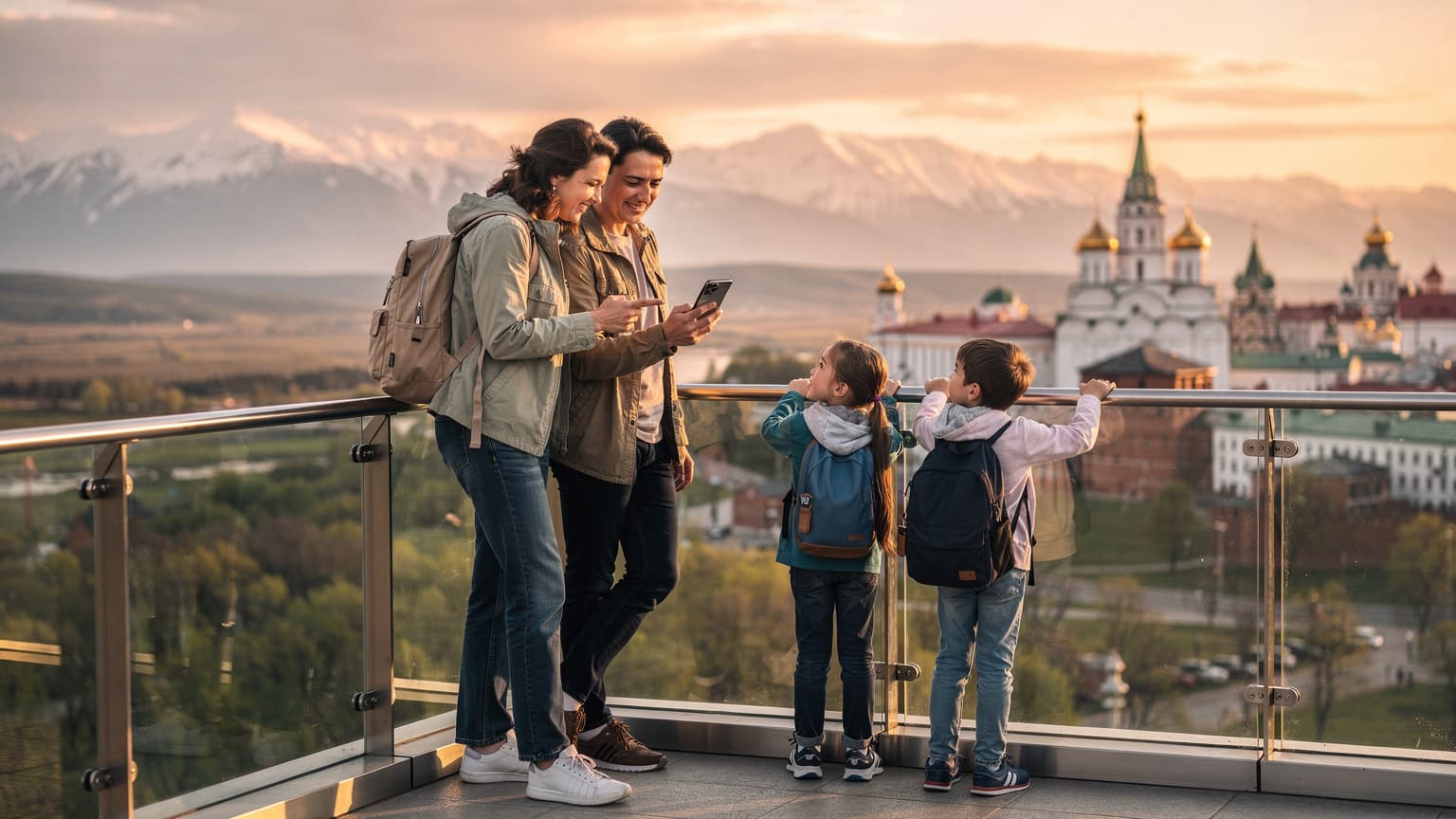 A family of four enjoying a scenic trip in Russia or CIS, with a parent subtly using a smartphone, symbolizing connected and budget-friendly school holiday travel.