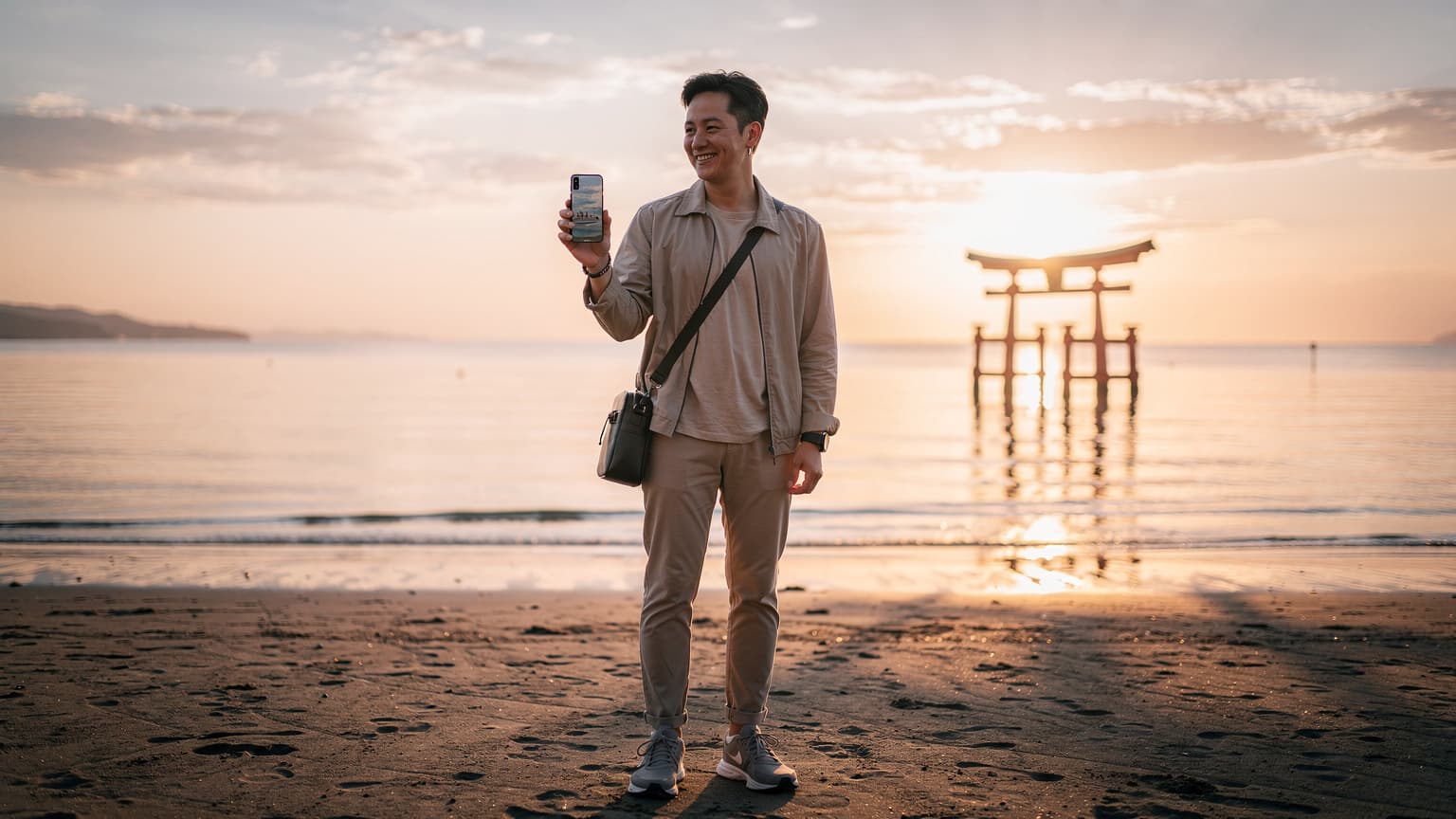 A person stands on a beautiful Japanese beach during golden hour, looking at their smartphone with a satisfied smile, conveying effortless travel and smart mobile choices for a holiday.