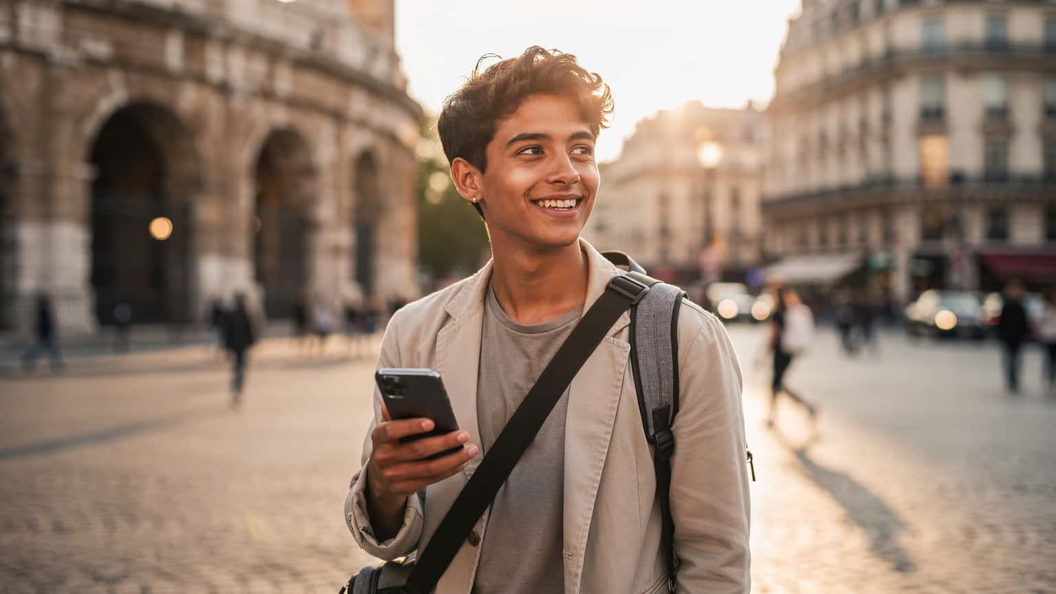 A young, smiling Erasmus student holds a smartphone in a sunlit European city square, symbolizing international study and easy connectivity.
