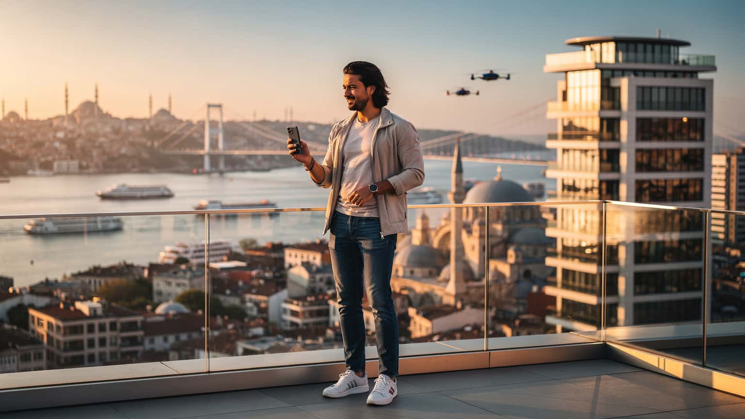 A photorealistic editorial hero image for a travel and tech magazine, depicting a modern traveler on a rooftop overlooking a vibrant, futuristic Istanbul skyline at golden hour, holding a sleek smartphone to represent seamless global digital connectivity and freedom of exploration. The image is captured with cinematic natural light.