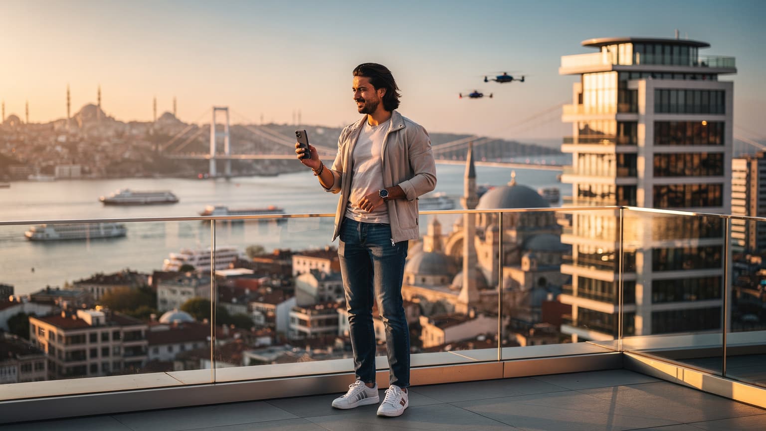 A photorealistic editorial hero image for a travel and tech magazine, depicting a modern traveler on a rooftop overlooking a vibrant, futuristic Istanbul skyline at golden hour, holding a sleek smartphone to represent seamless global digital connectivity and freedom of exploration. The image is captured with cinematic natural light.